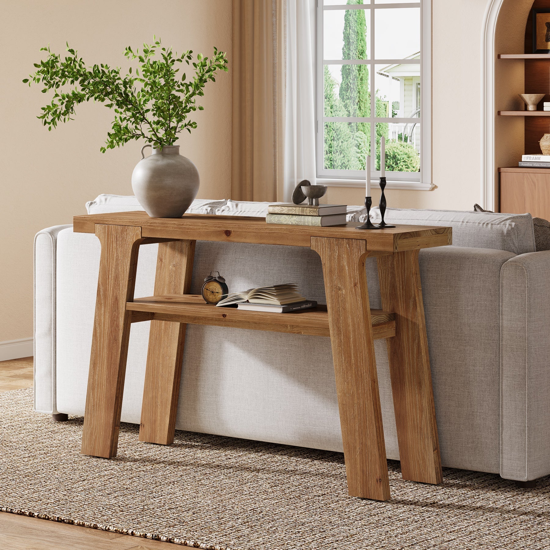 Tribesigns Console en bois massif de 120 cm, Style rustique idéale pour une entrée ou un canapé avec 2 étagères
