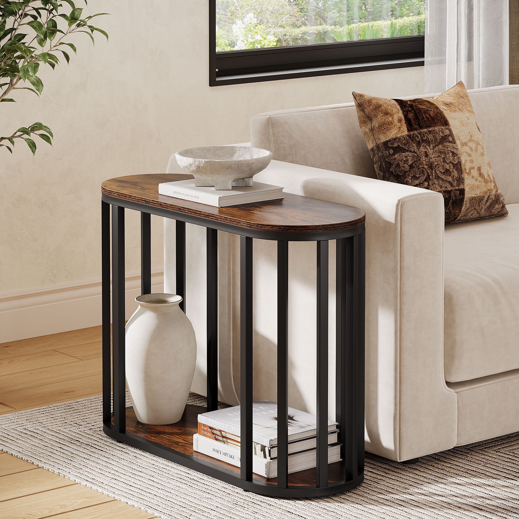 Tribesigns Table d'appoint étroite avec étagère, Table de chevet à deux niveaux de style industriel