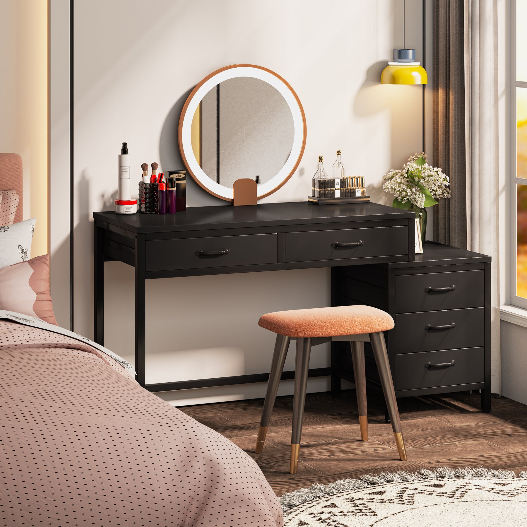 Tribesigns Miroir coiffeuse avec 5 tiroirs, Coiffeuse avec commode latérale à 3 tiroirs