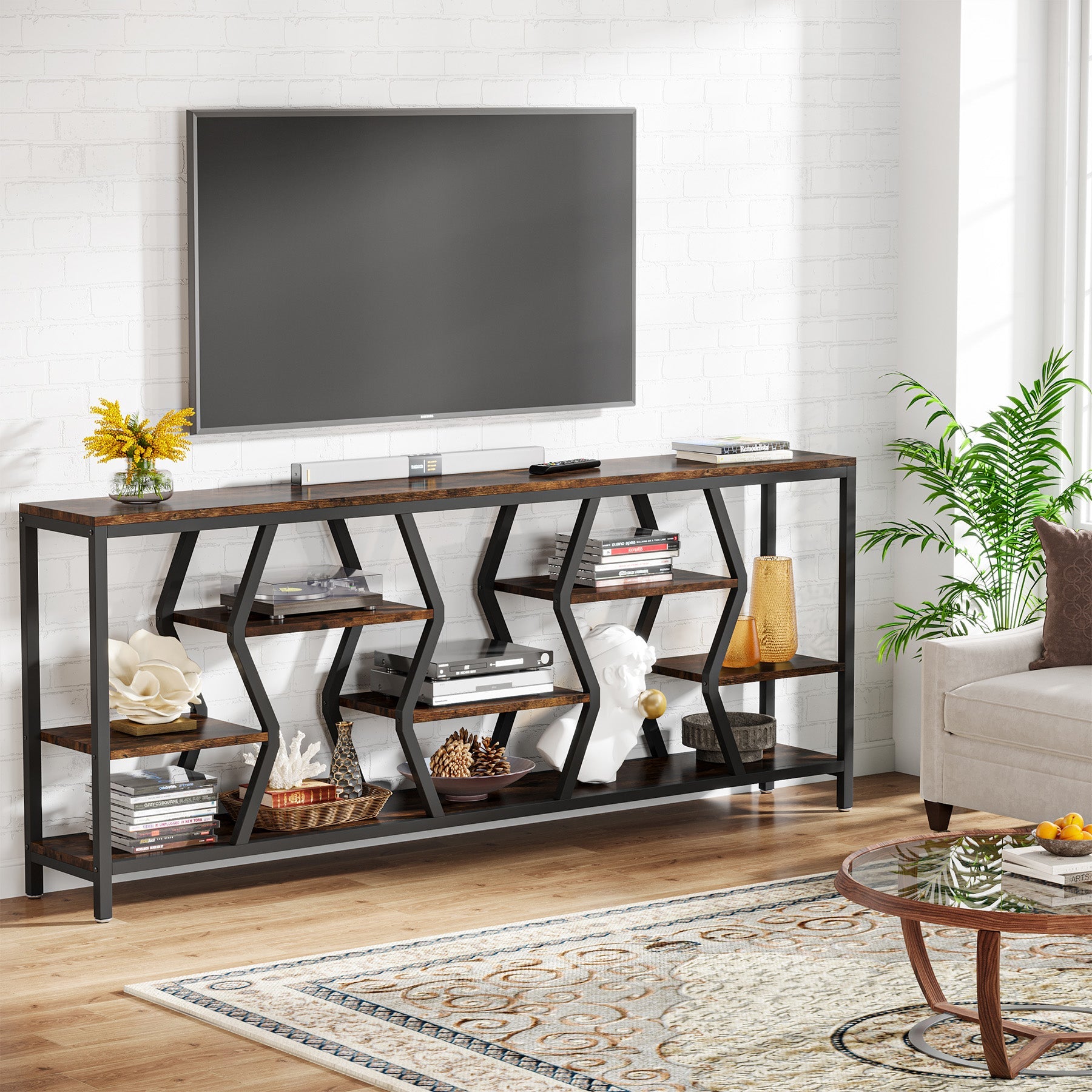 Tribesigns Konsolentisch 180 cm mit 4 Ablagen, Schmaler Sofatisch im Industrial-Landhausstil