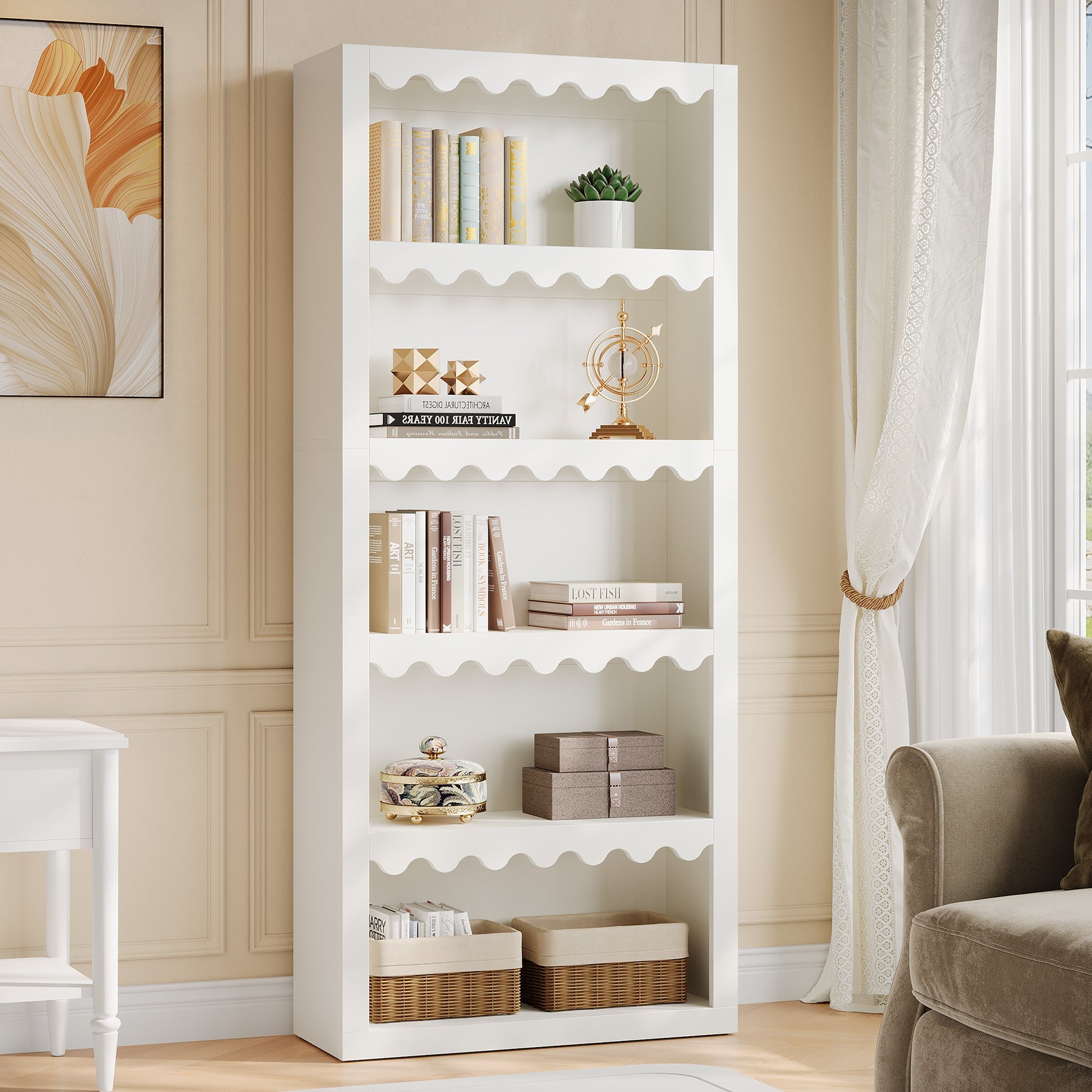 Tribesigns Bibliothèque de 180 cm de haut, Étagère moderne avec bords en forme de coquillage pour salon