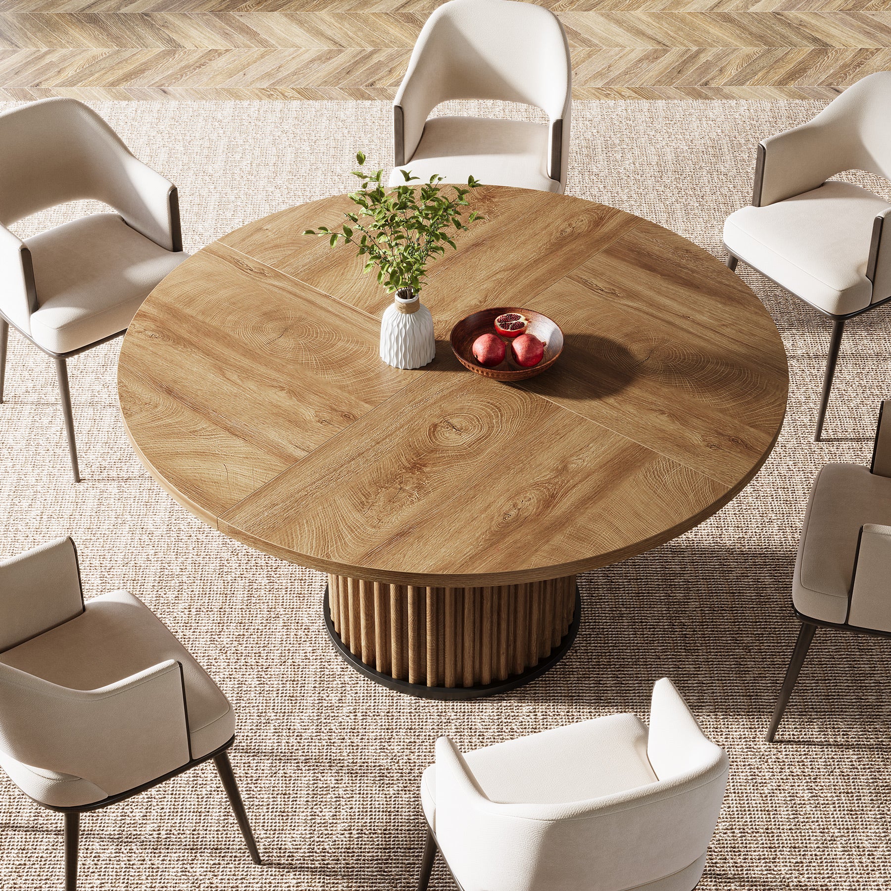 Tribesigns Table à manger ronde de 120 cm, Table de cuisine en bois avec base en métal rainuré robuste