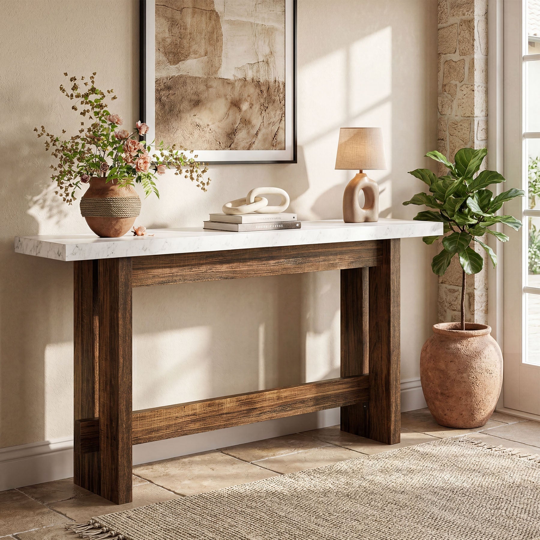 Tribesigns Console de style campagnard de 160 cm avec plateau aspect marbre, Table d'appoint étroite pour entrée et salon