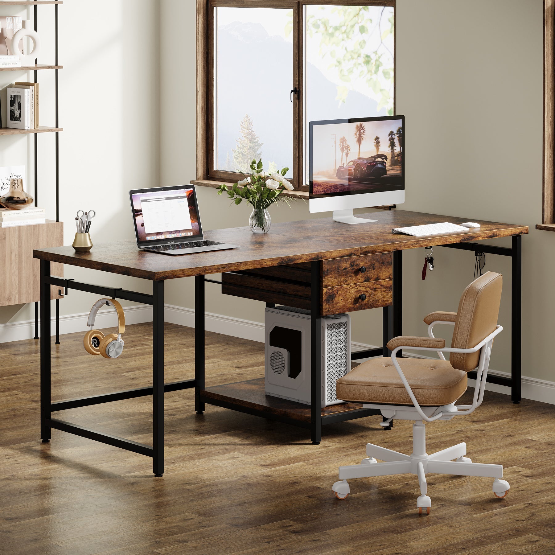 Tribesigns Bureau double de 200 cm avec 2 tiroirs et étagères, Bureau de travail industriel pour bureau et étude