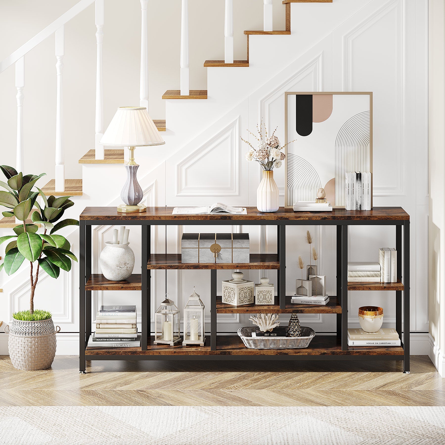 Tribesigns Console industrielle 180 x 30 cm avec rangement à 3 niveaux, Table d'appoint étroite à placer derrière le canapé
