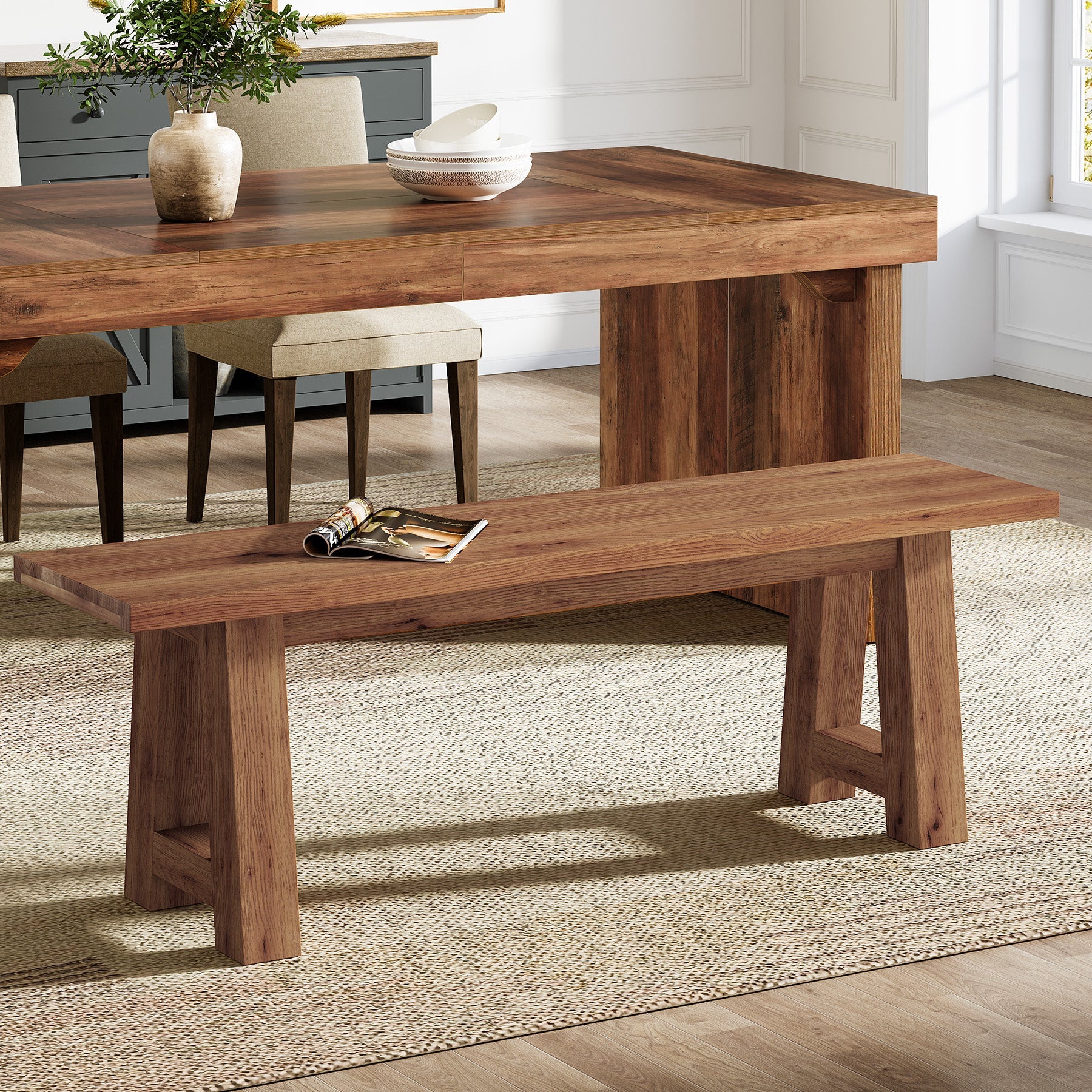 Banc en bois massif de 140 cm de long, Style champêtre en bois naturel