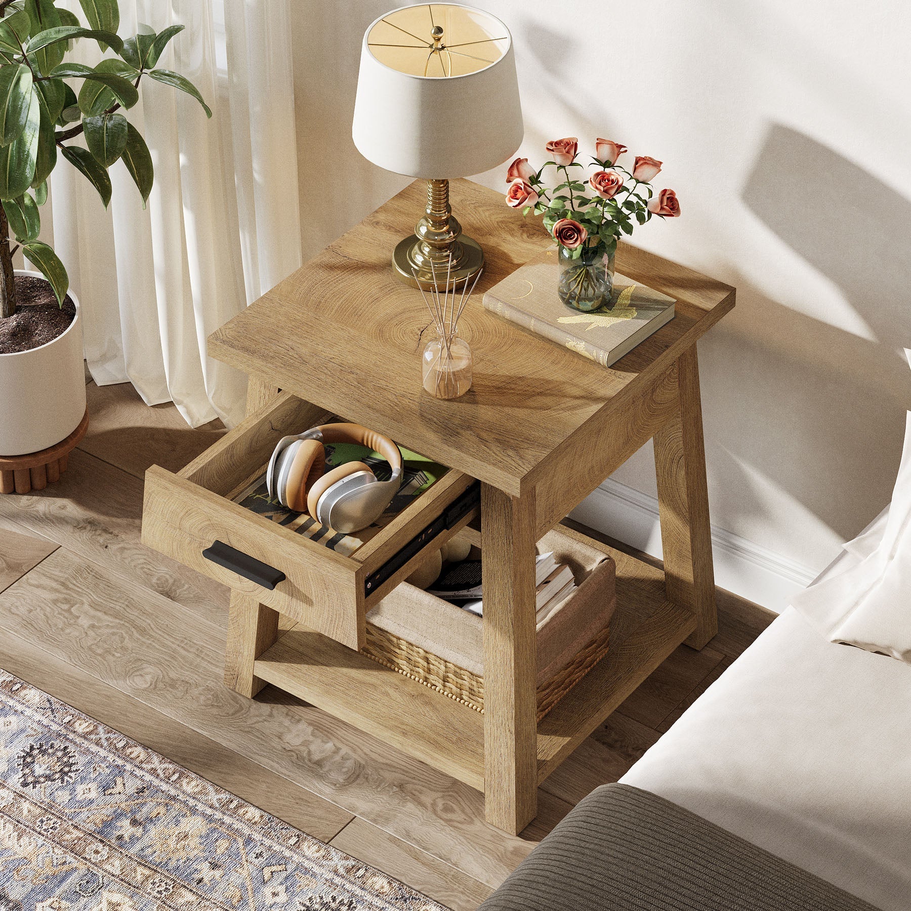 Table de chevet avec tiroir et étagère, Table d'appoint de style champêtre pour chambre et salon