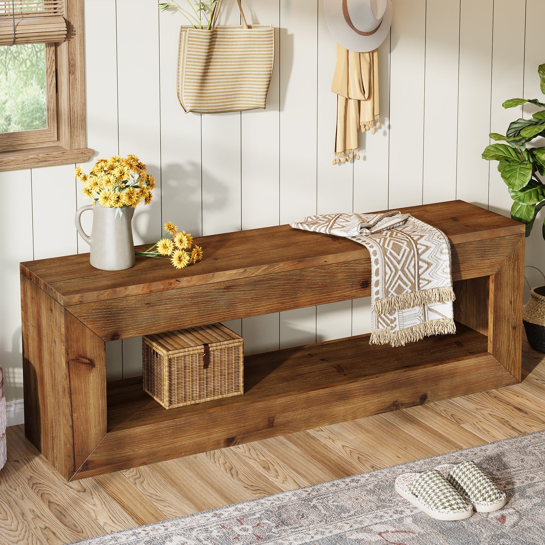 Banc d'entrée en bois massif de 120 cm avec étagère de rangement style rustique