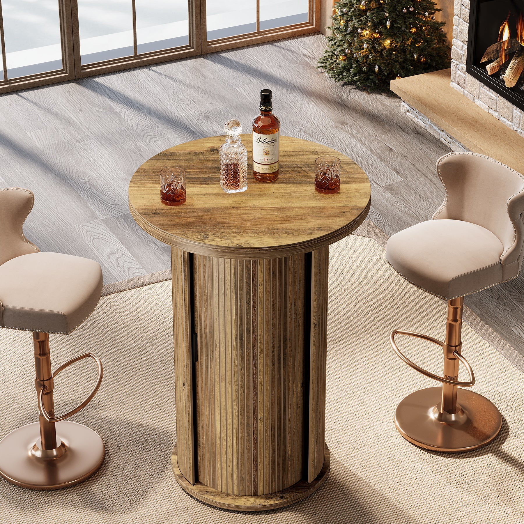 Tribesigns Table de bar ronde de 90 cm de haut avec 3 compartiments de rangement et porte coulissante