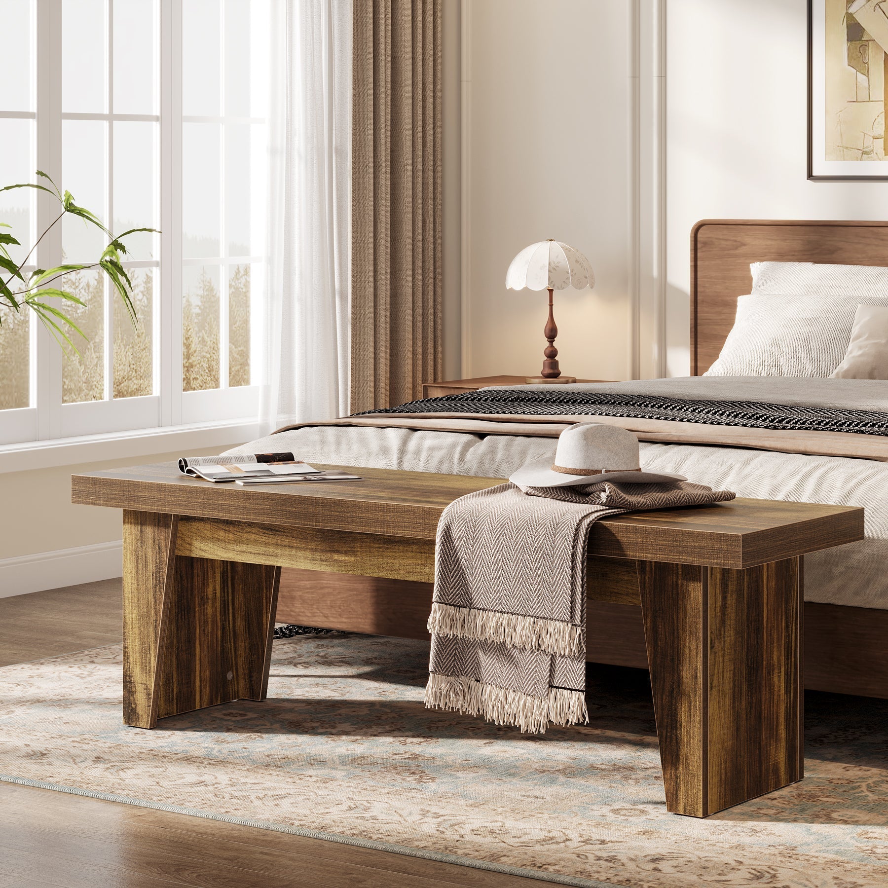 Tribesigns Banc en bois rustique de 140 cm avec assise épaisse, Banc long pour entrée, chambre et salon