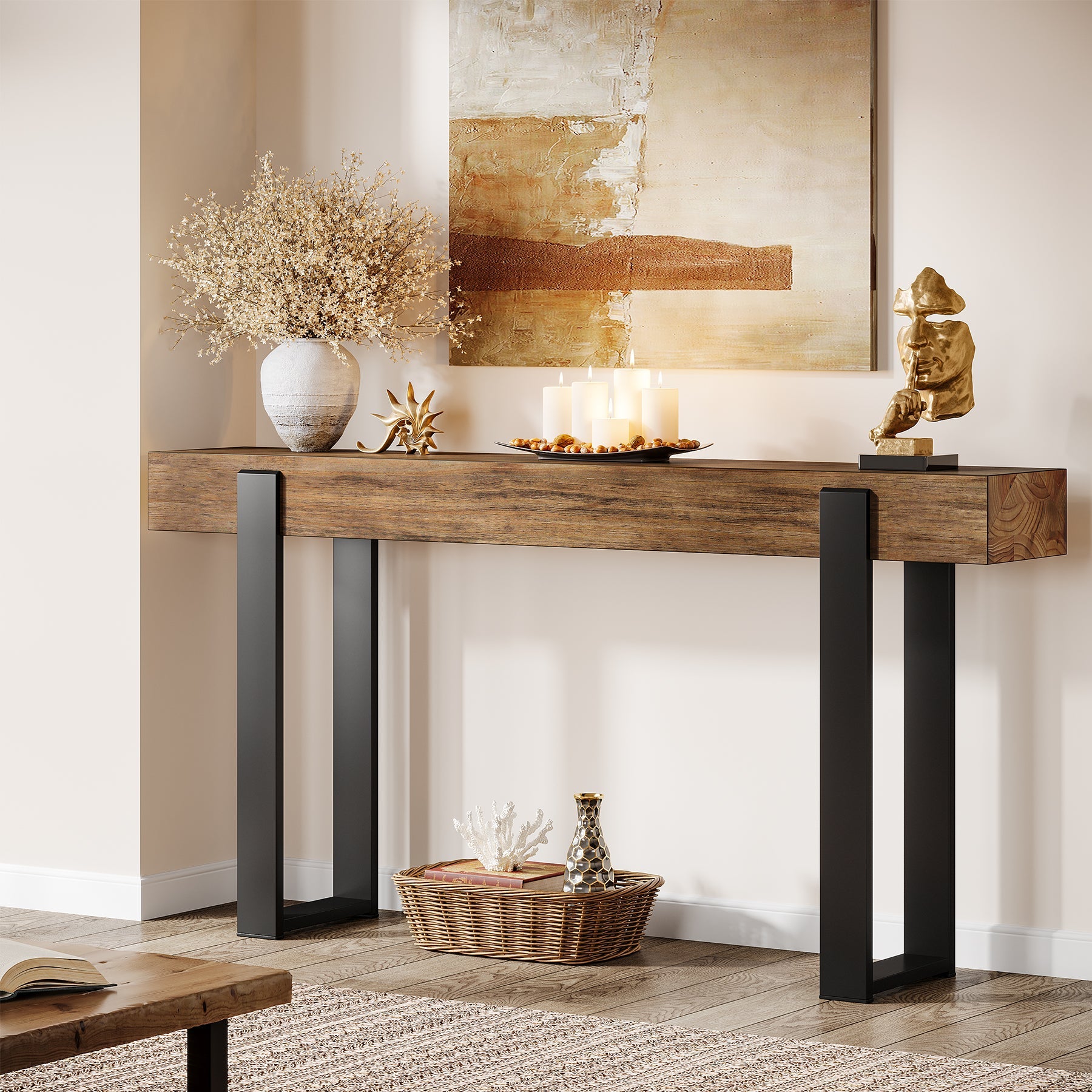 Tribesigns Console en bois massif avec pieds en métal (160 x 30 cm)