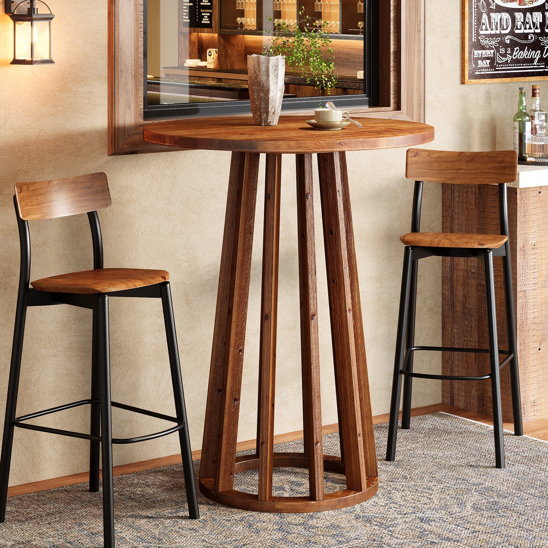 Tribesigns Table haute ronde 95 cm de hauteur, Table de bar en bois massif de style campagnard