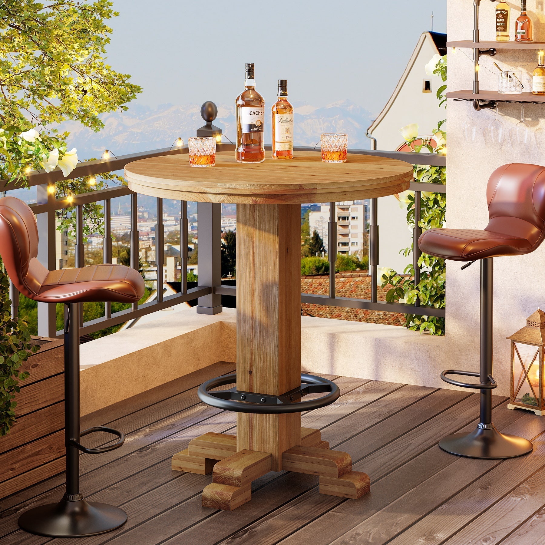 Table de bar ronde en bois massif, Table de bistrot de 95 cm de haut avec repose-pieds en métal