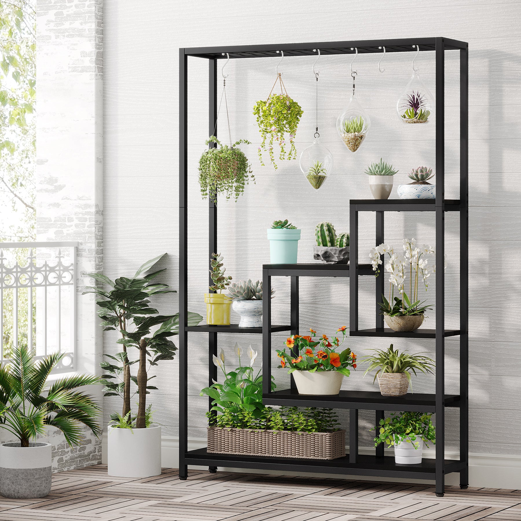 Tribesigns Support pour plantes d'intérieur à 5 niveaux, Étagère en métal avec 10 crochets de suspension en S