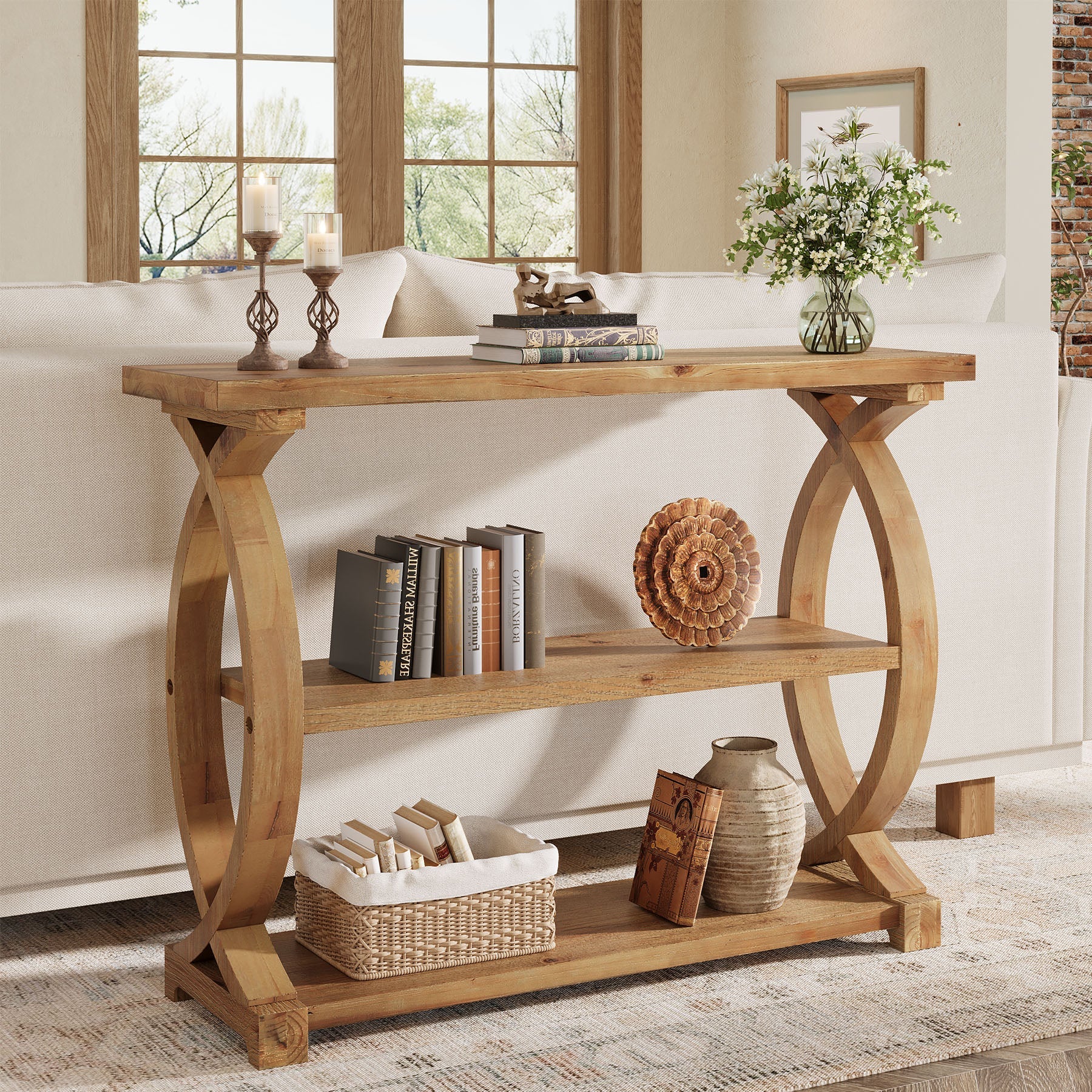Tribesigns Console en bois massif de 105 cm, Table d'appoint étroite avec 3 étagères et un design en forme de queue de poisson sur les côtés