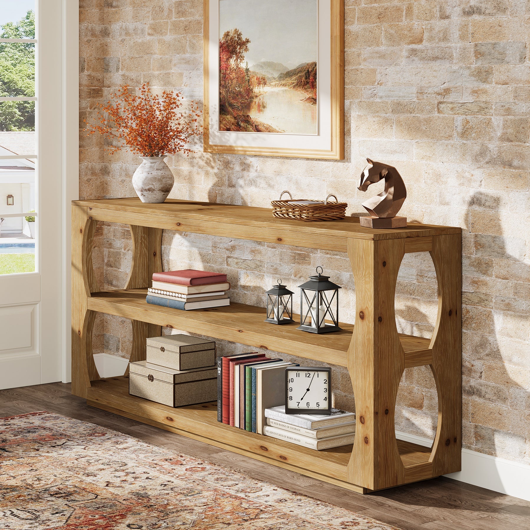 Tribesigns Console de 160 cm en sapin massif, Table d'entrée étroite à 3 étagères style champêtre