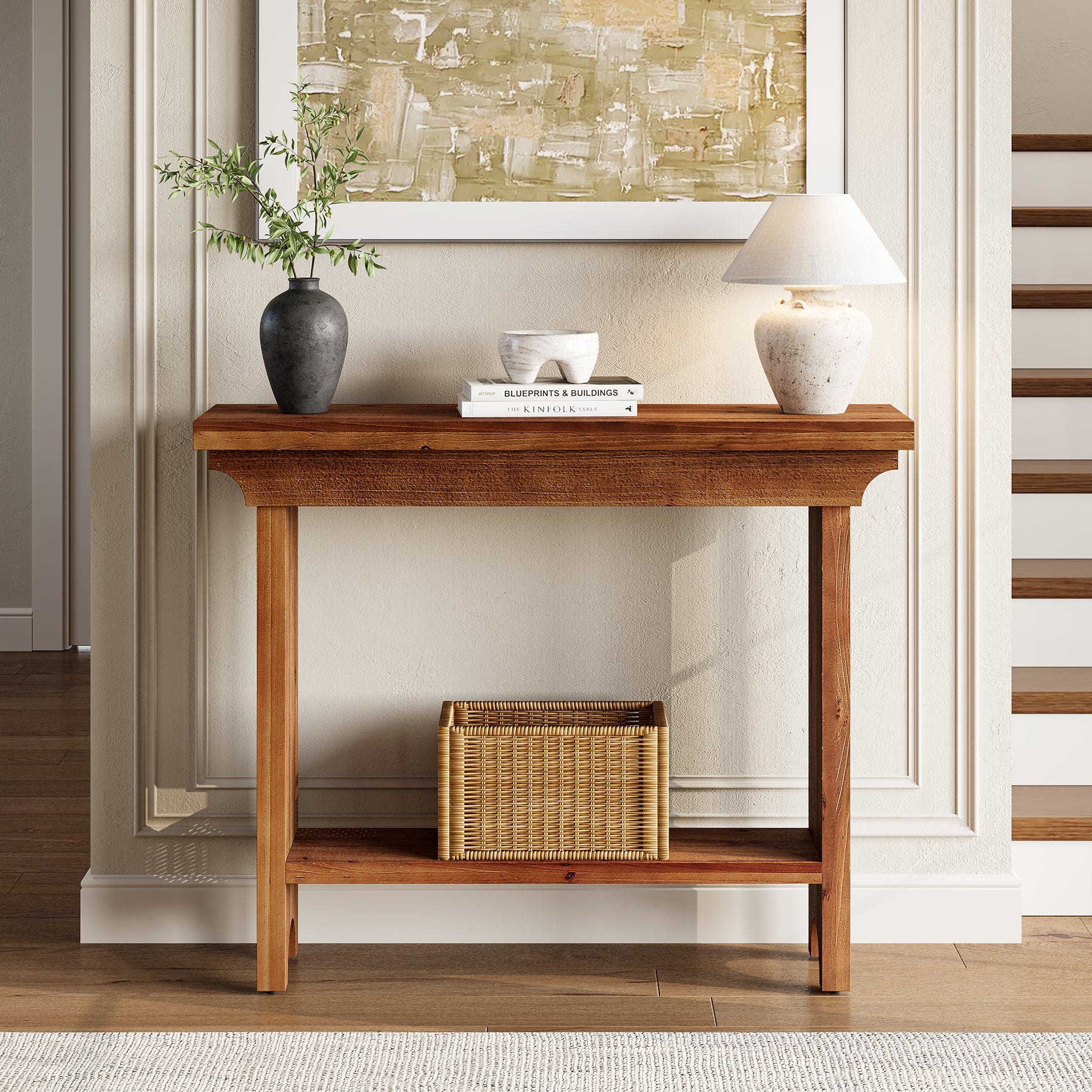 Tribesigns Console en bois massif de 100 cm avec étagère inférieure, Table d'entrée étroite de style champêtre