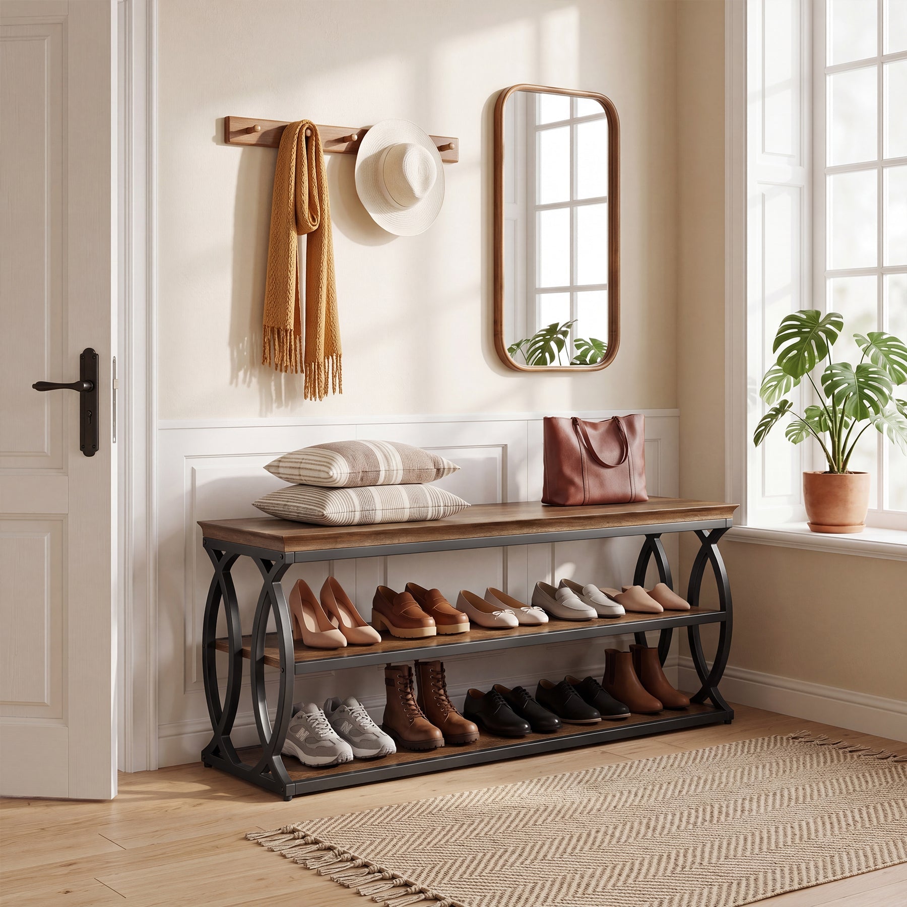 Banc à chaussures avec rangement (120 cm), Meuble à chaussures 3 niveaux avec assise (style industriel et ferme)