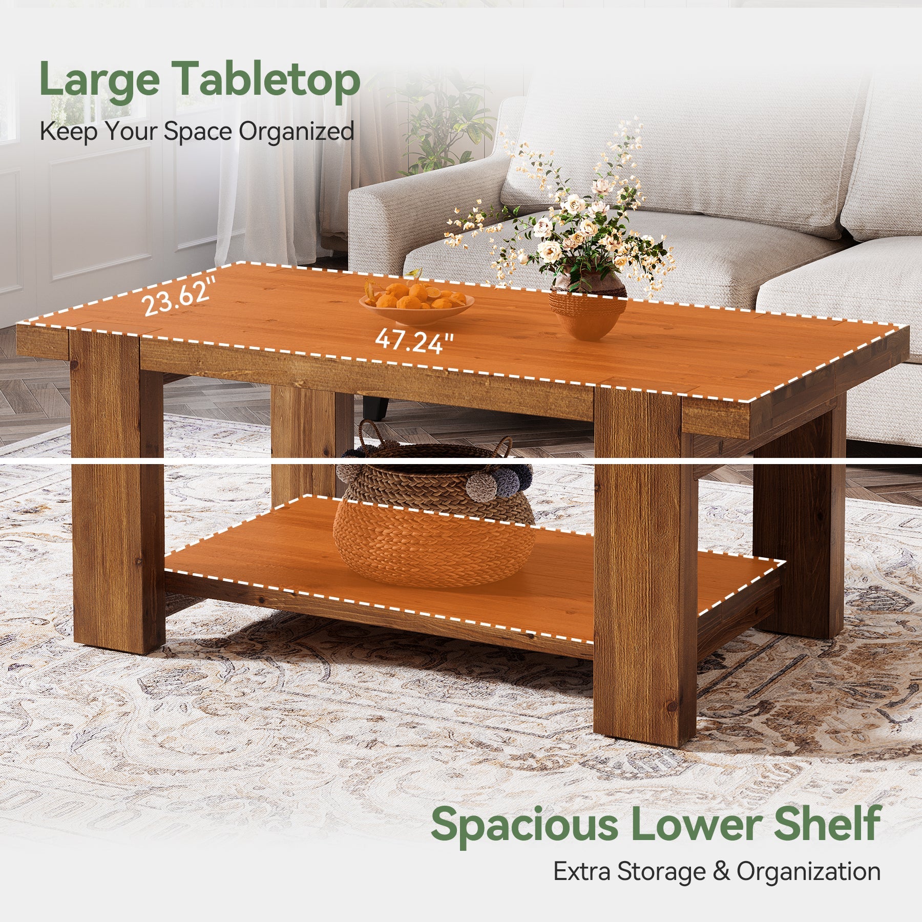 Tribesigns Massivholz Couchtisch 120 cm, Rechteckiger Wohnzimmertisch mit Ablage