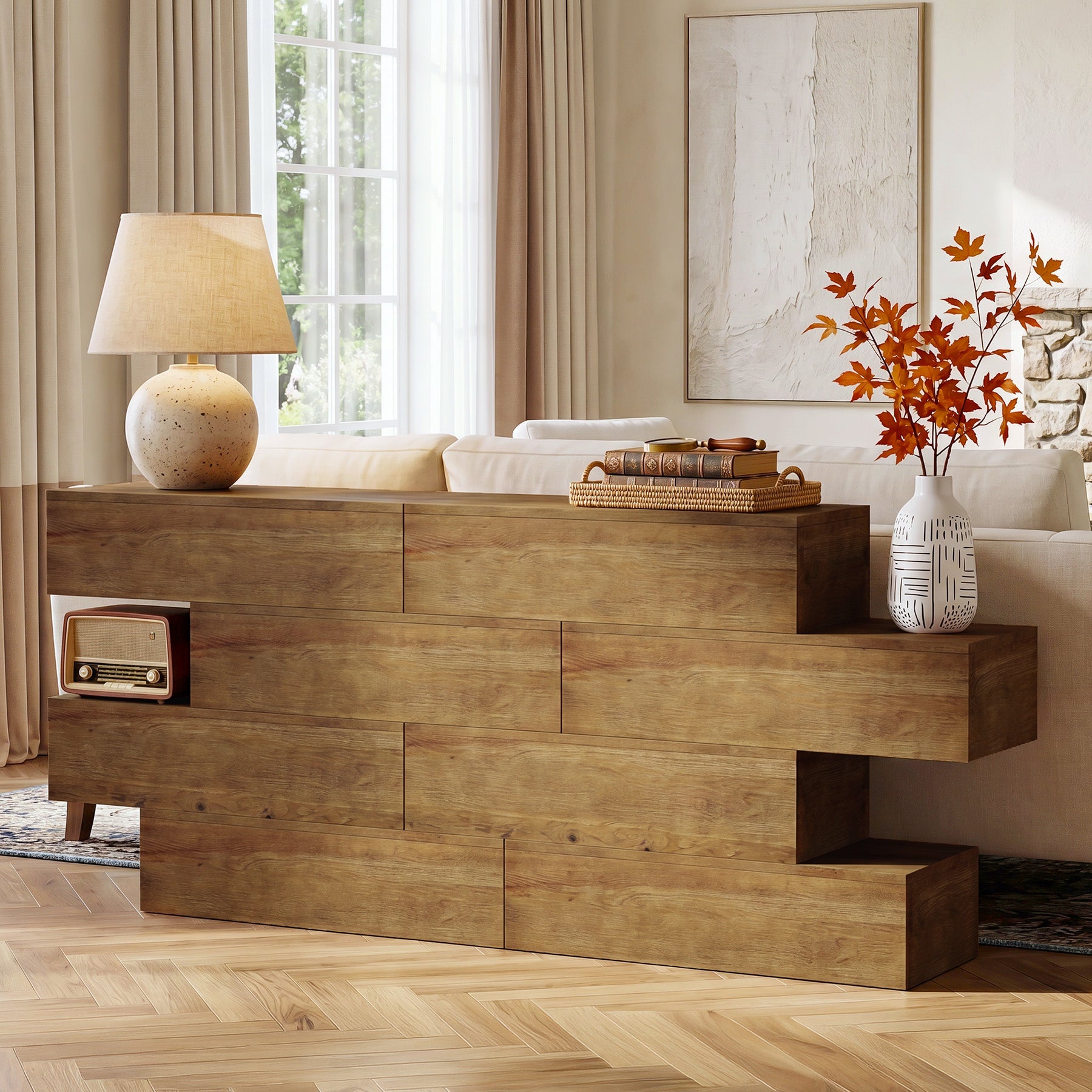 Console en bois massif de 110 cm avec 4 étagères, Table d'entrée étroite de style champêtre