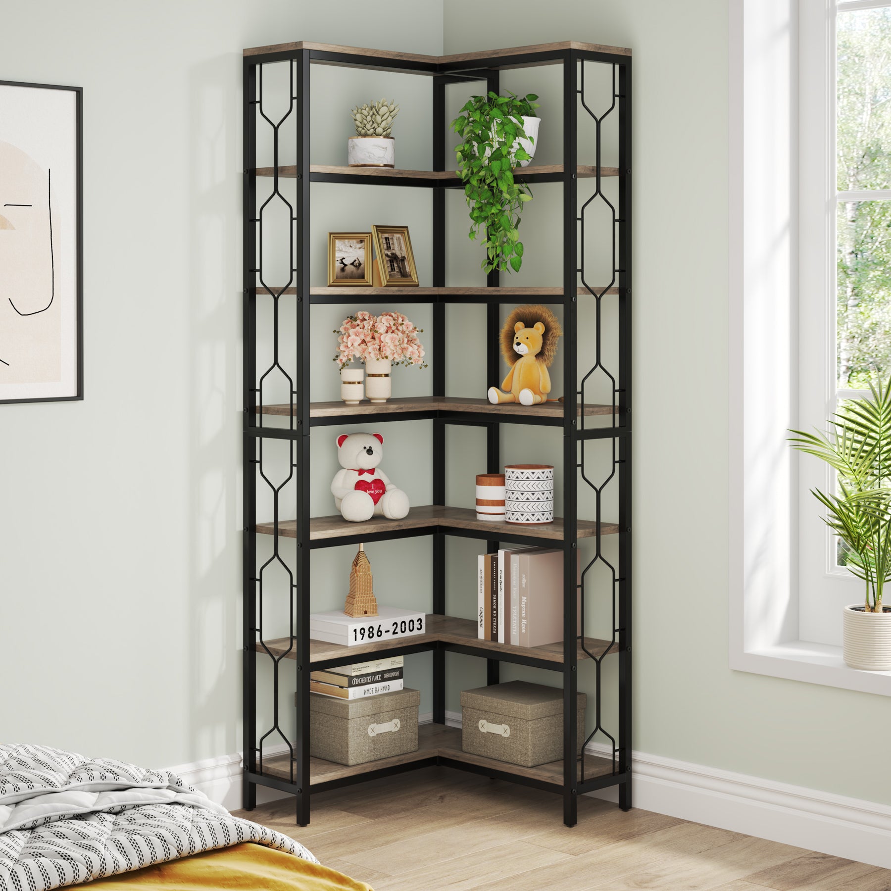 Tribesigns Étagère d'angle en bois et métal, Bibliothèque industrielle à 7 niveaux