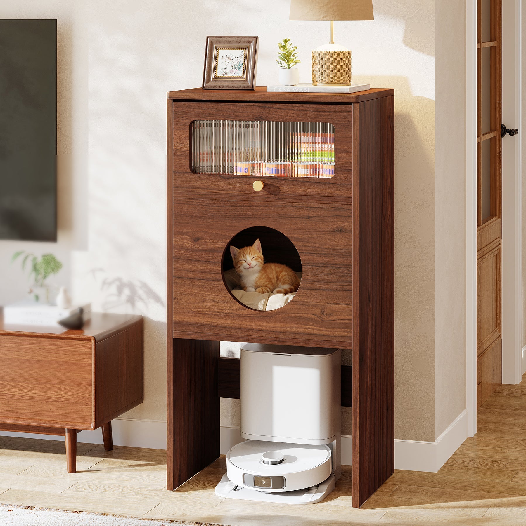 Tribesigns Meuble pour chat avec espace de rangement, Meuble pour bac à litière et table d'appoint 2 en 1