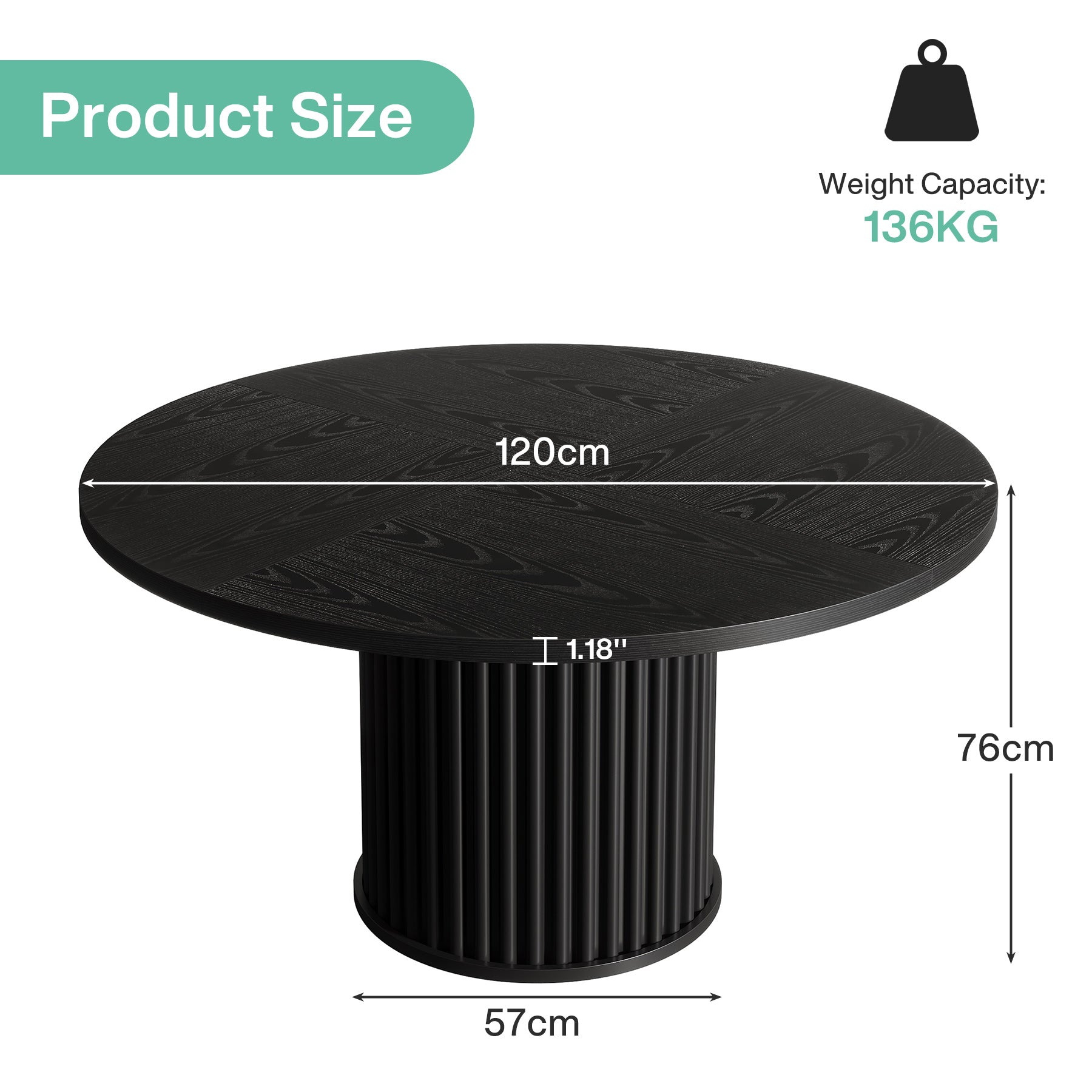 Tribesigns Table de salle à manger ronde noire de 120 cm pour 4 à 6 personnes, Table de cuisine moderne avec piètement en métal