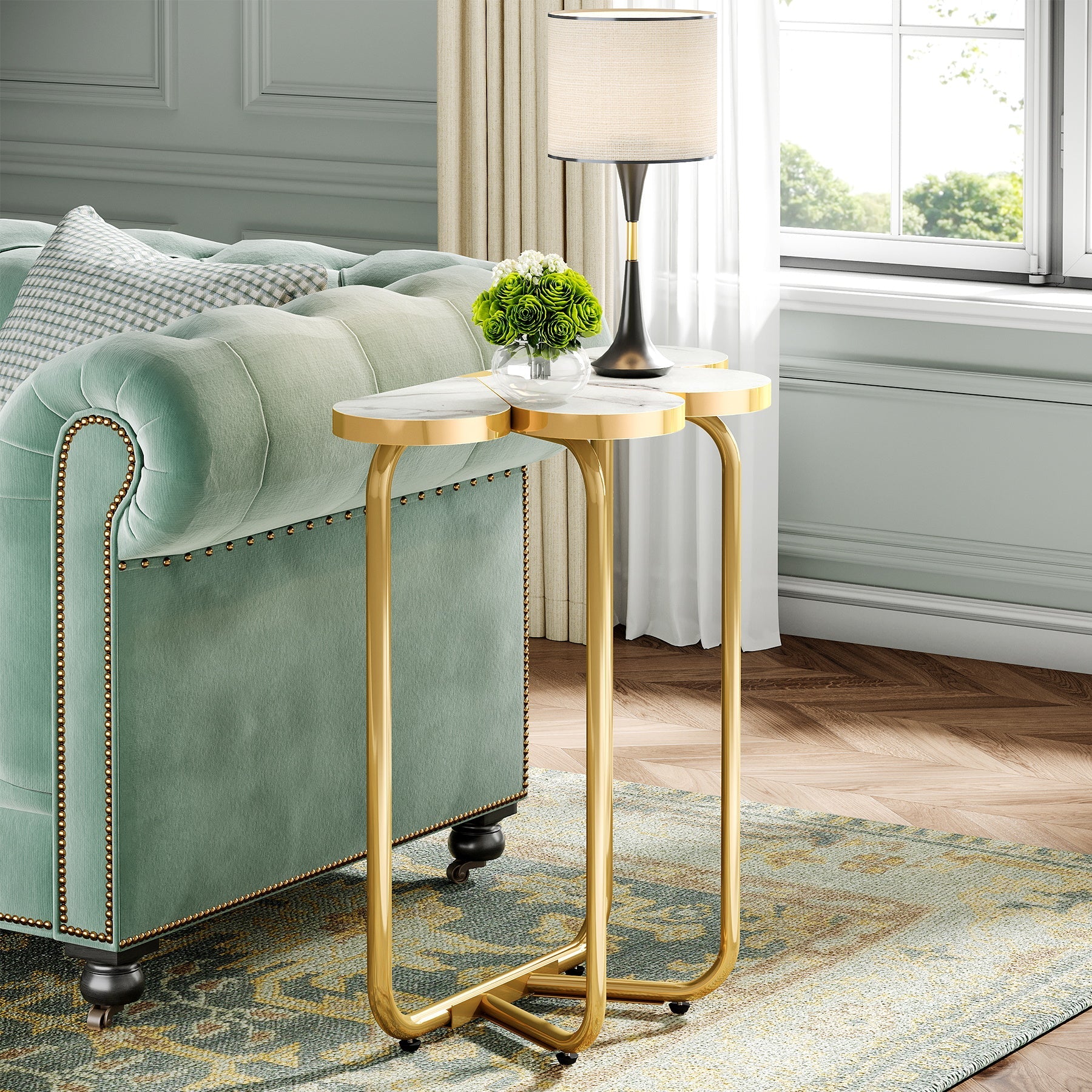 Tribesigns Table d'appoint demi-fleur, Table de chevet en faux marbre avec cadre doré