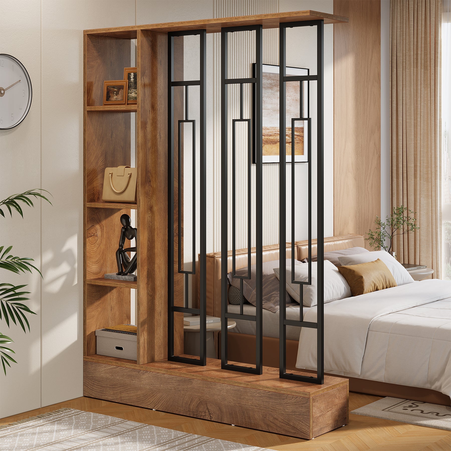 Paravent autoportant de 120 cm en bois et métal, Écran d'intimité avec étagères