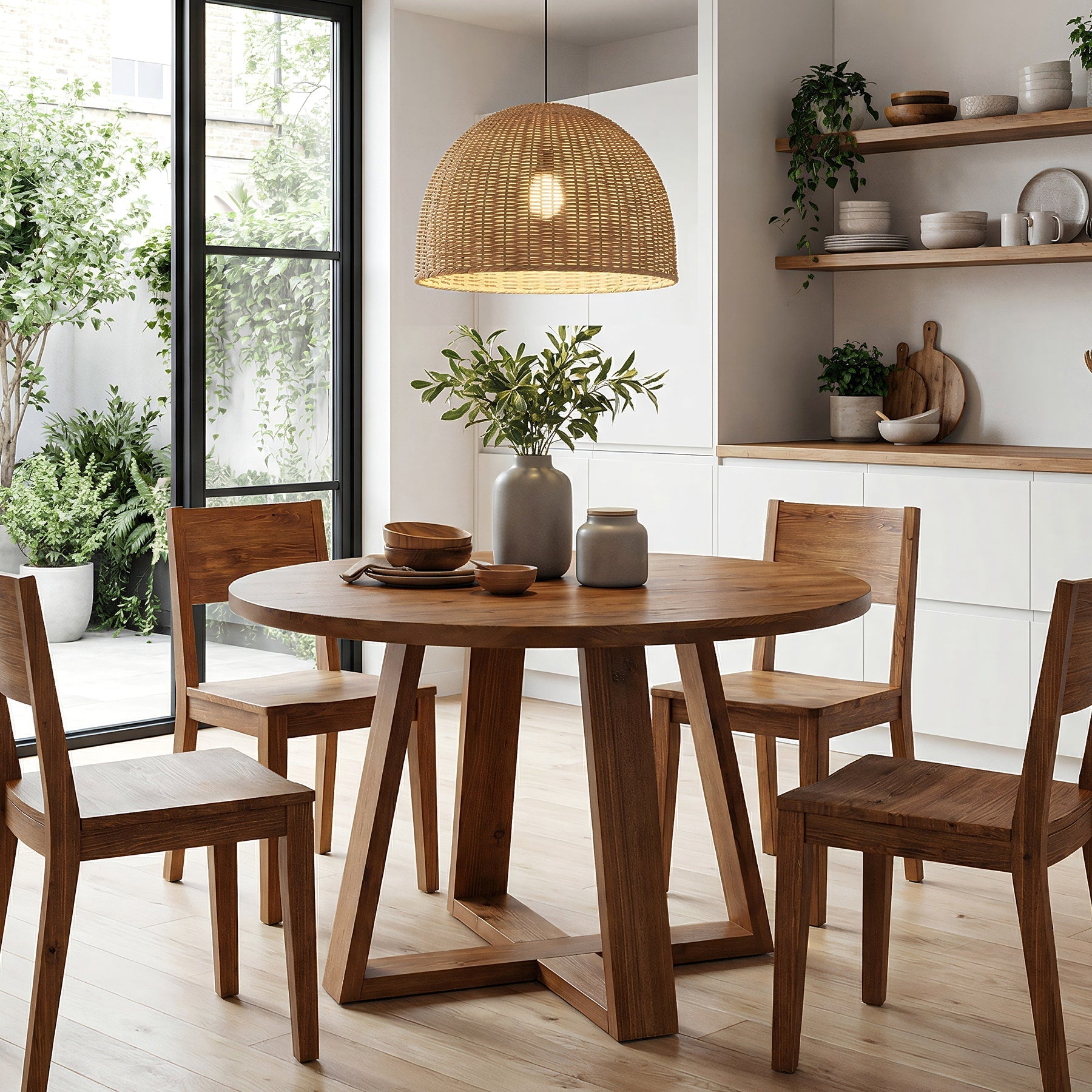 Tribesigns Table de salle à manger ronde de 120 cm, Table de cuisine rustique en bois massif avec piètement à tréteaux pour 4 personnes