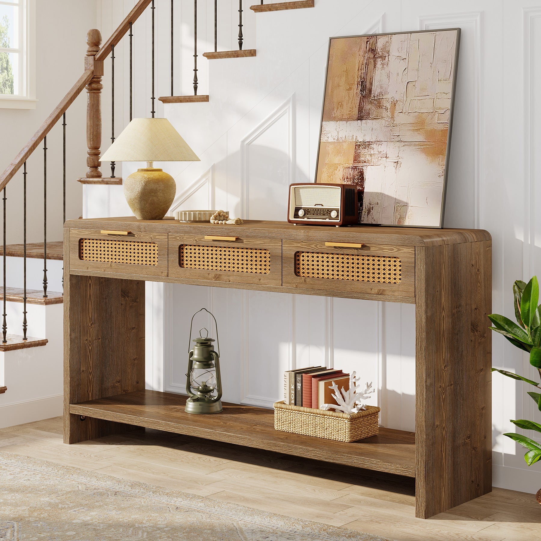 Tribesigns Console de 140 cm avec 3 tiroirs en rotin, Table d'appoint étroite avec 2 étagères