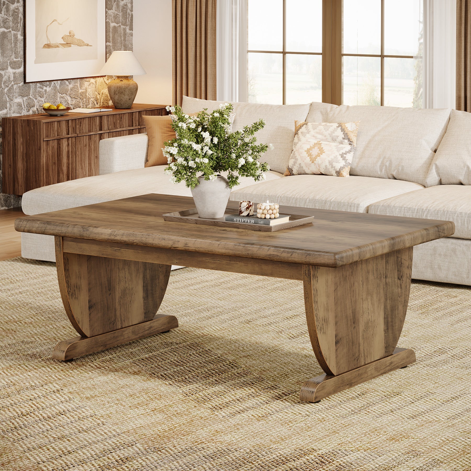 Tribesigns Table basse rectangulaire de 120 cm, Grande table en bois de style campagnard avec pied central robuste