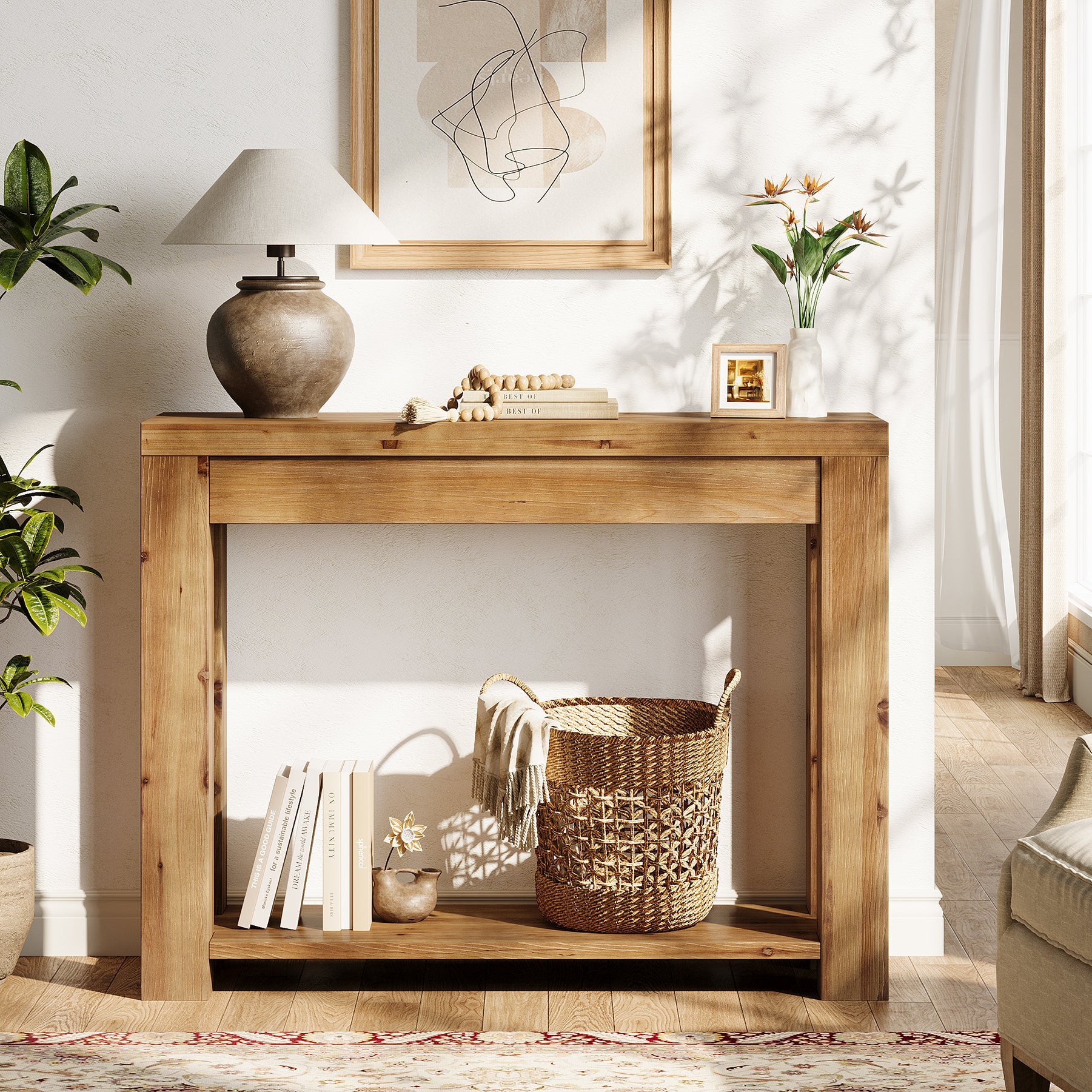 Tribesigns Console de style campagnard en bois massif de 110 cm, Table d'appoint étroite pour salon et entrée