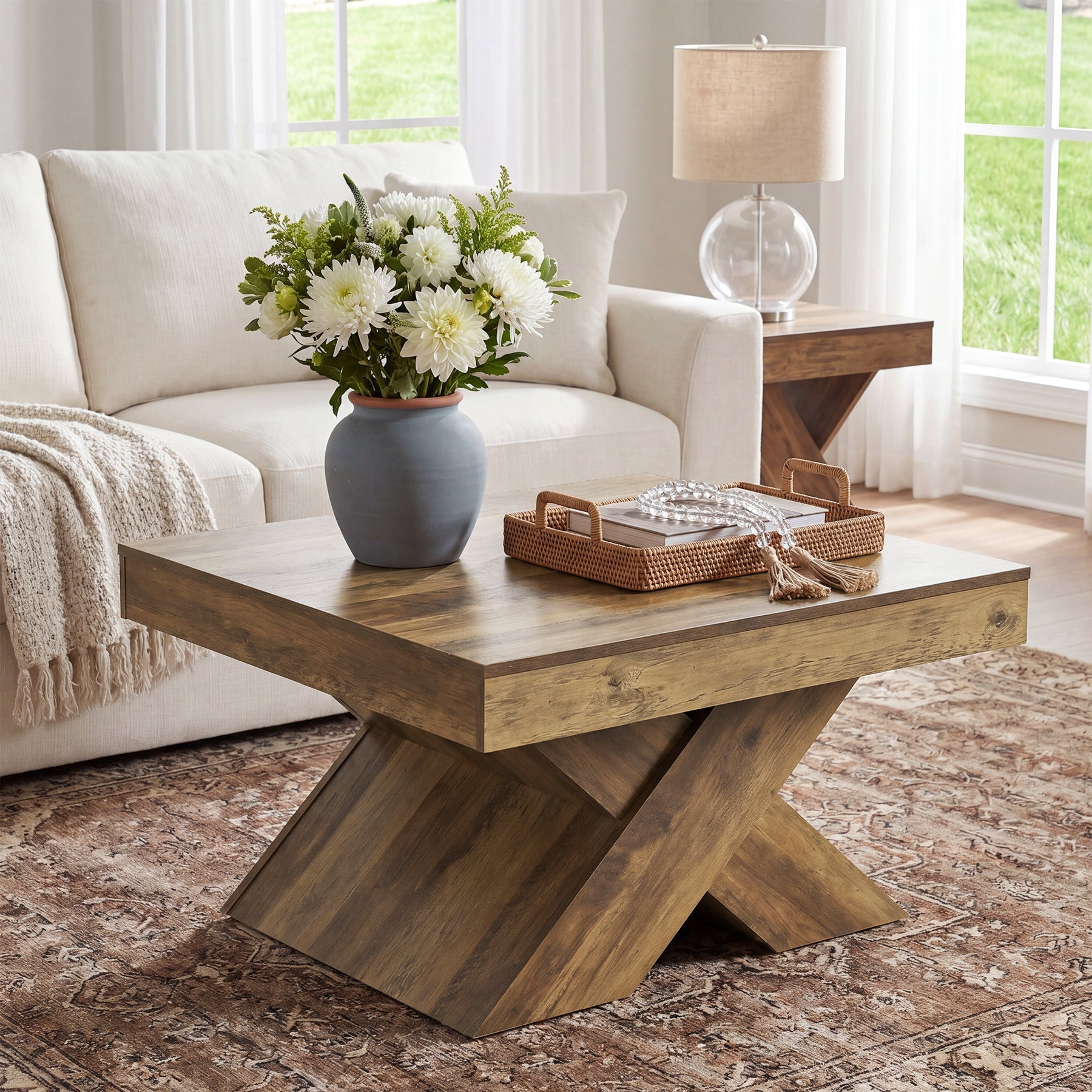 Table basse carrée 80 x 80 cm, Table de ferme en bois avec piètement en X pour salon et petits espaces