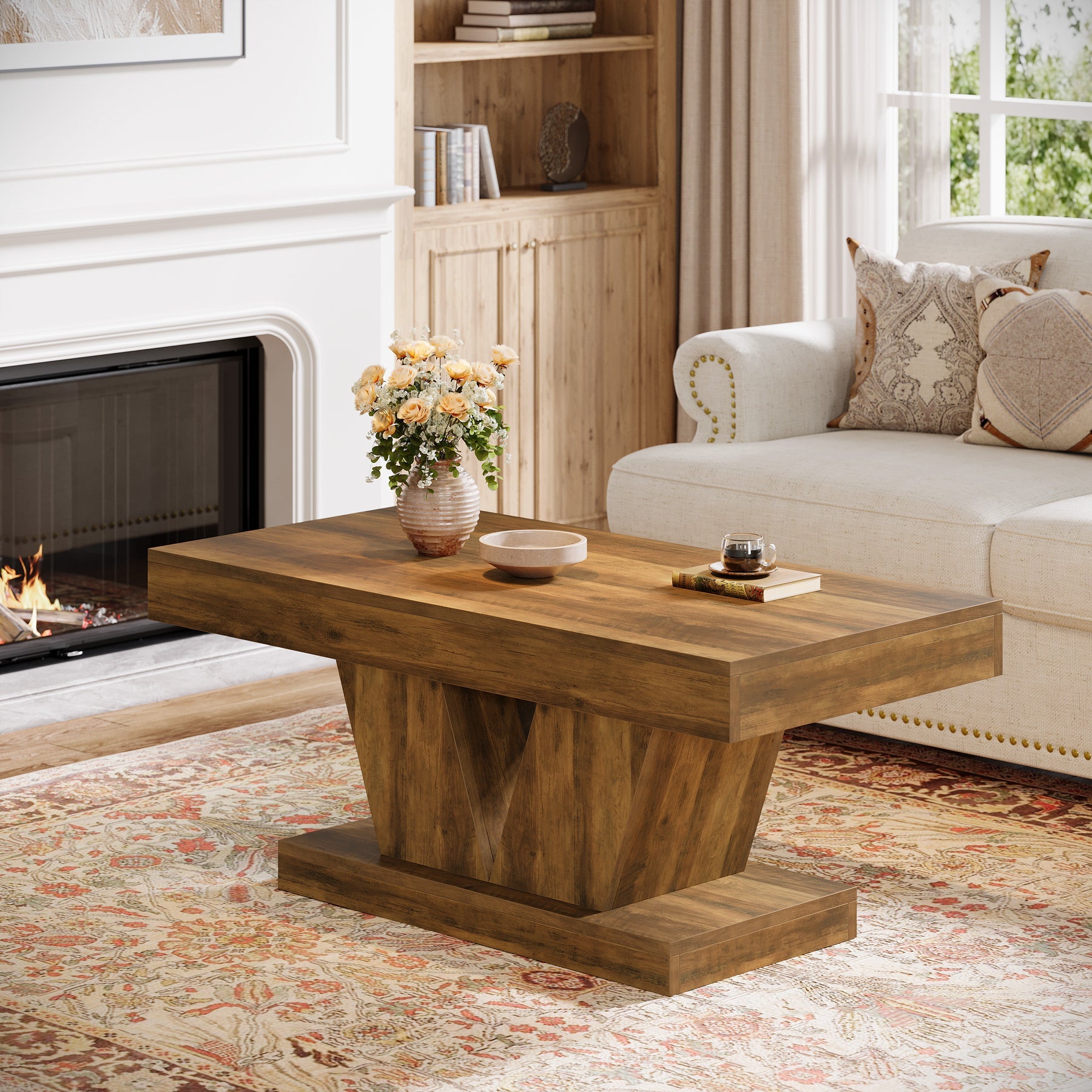 Tribesigns Table basse rectangulaire de 120 cm de long style mid-century, Table de salon aspect bois avec piètement massif et base en V