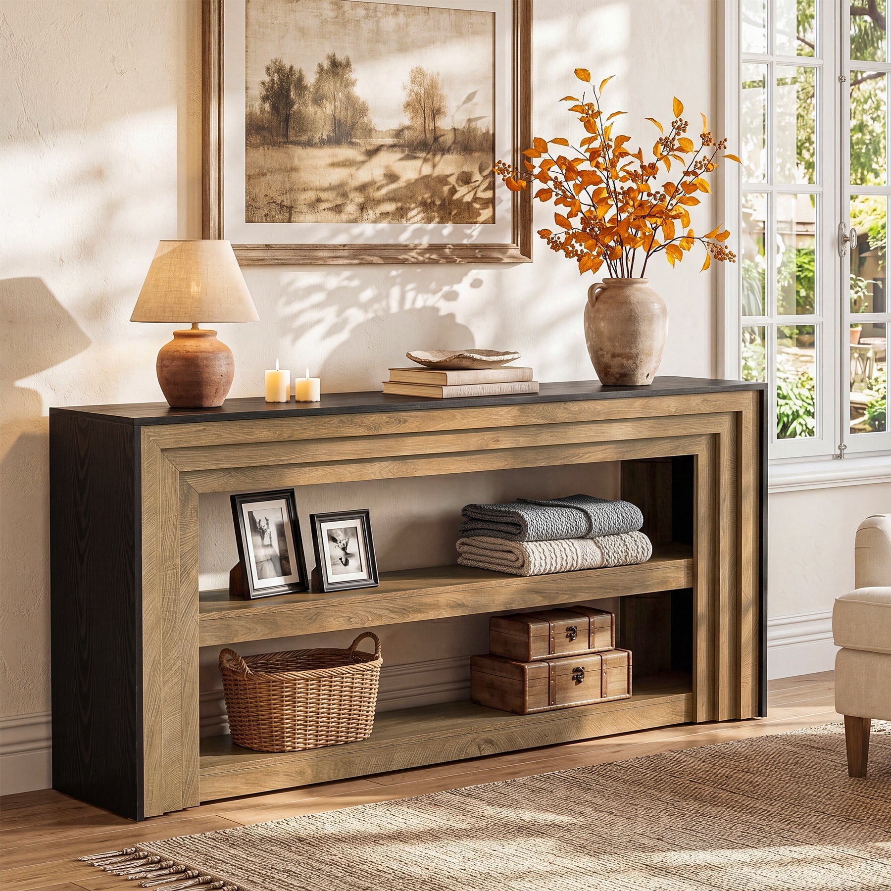 Tribesigns Console de 160 cm de style campagnard, Table d'entrée étroite à 3 niveaux et étagères ouvertes