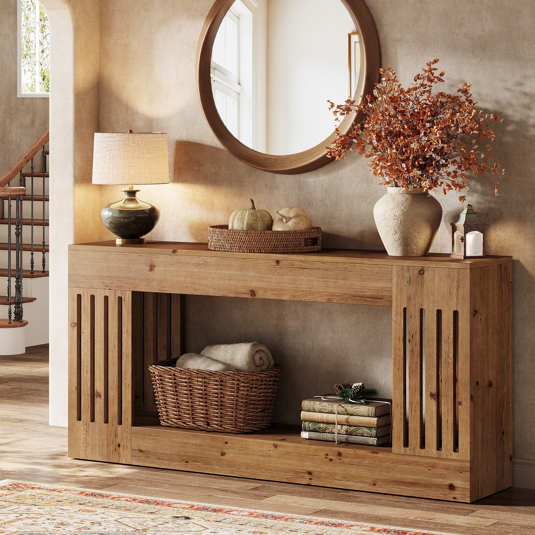 Tribesigns Console en bois massif de 160 cm, Table d'appoint derrière le canapé avec compartiment de rangement