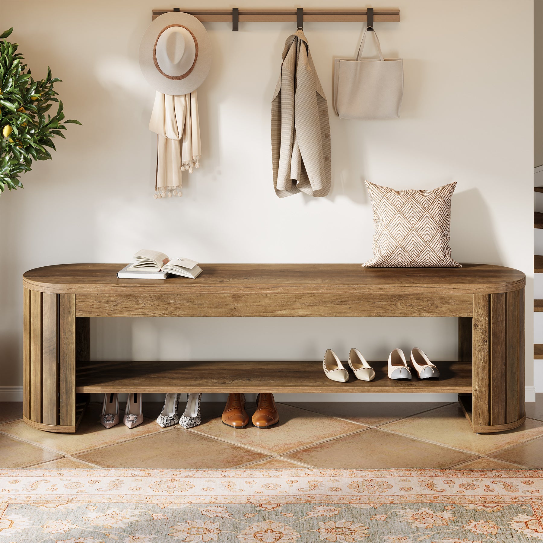Tribesigns Banc à chaussures en bois avec rangement, Banc à 2 niveaux pour entrée, chambre et salon
