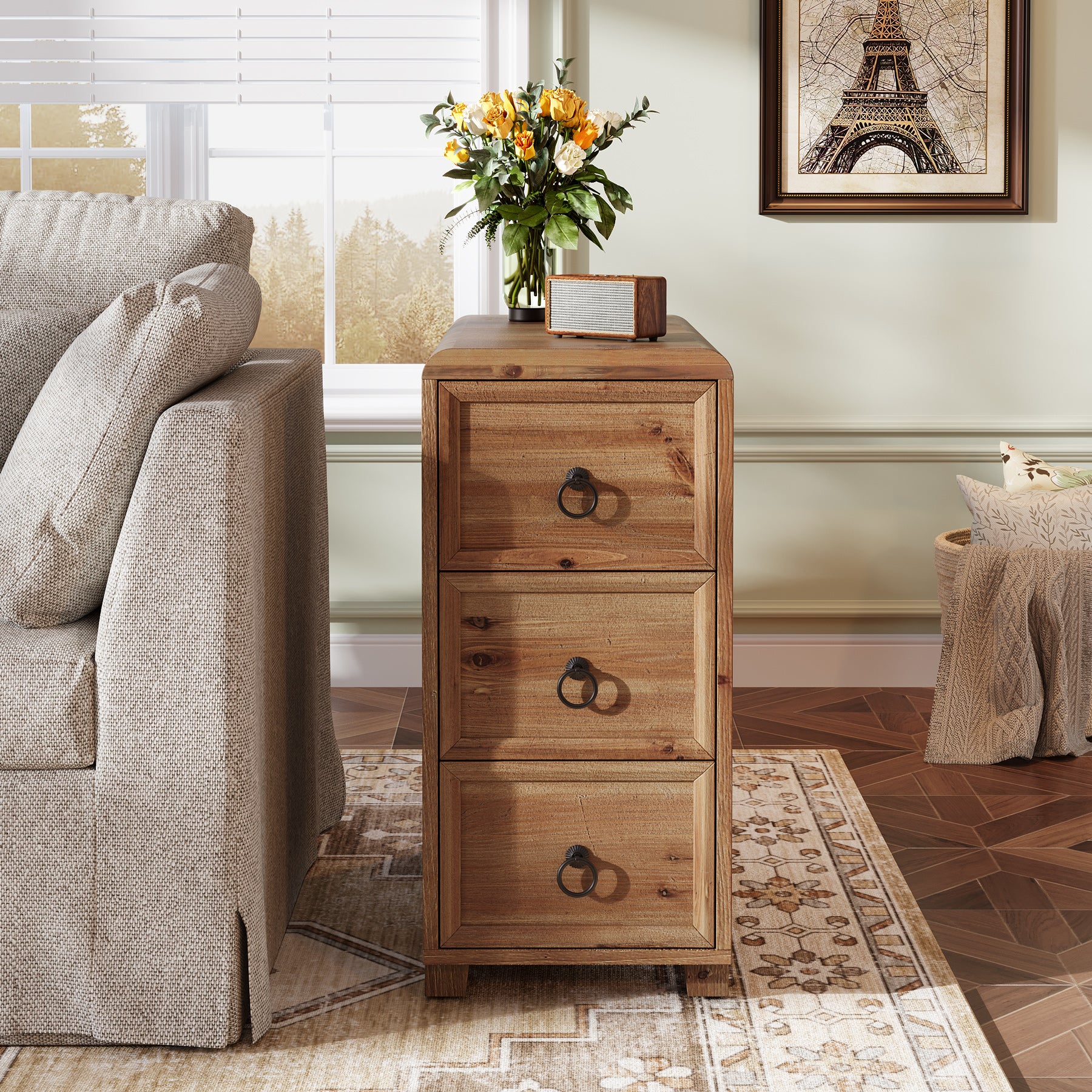 Tribesigns Table d'appoint étroite en bois massif avec 3 tiroirs pour salon, Table de chevet fine, table d'appoint