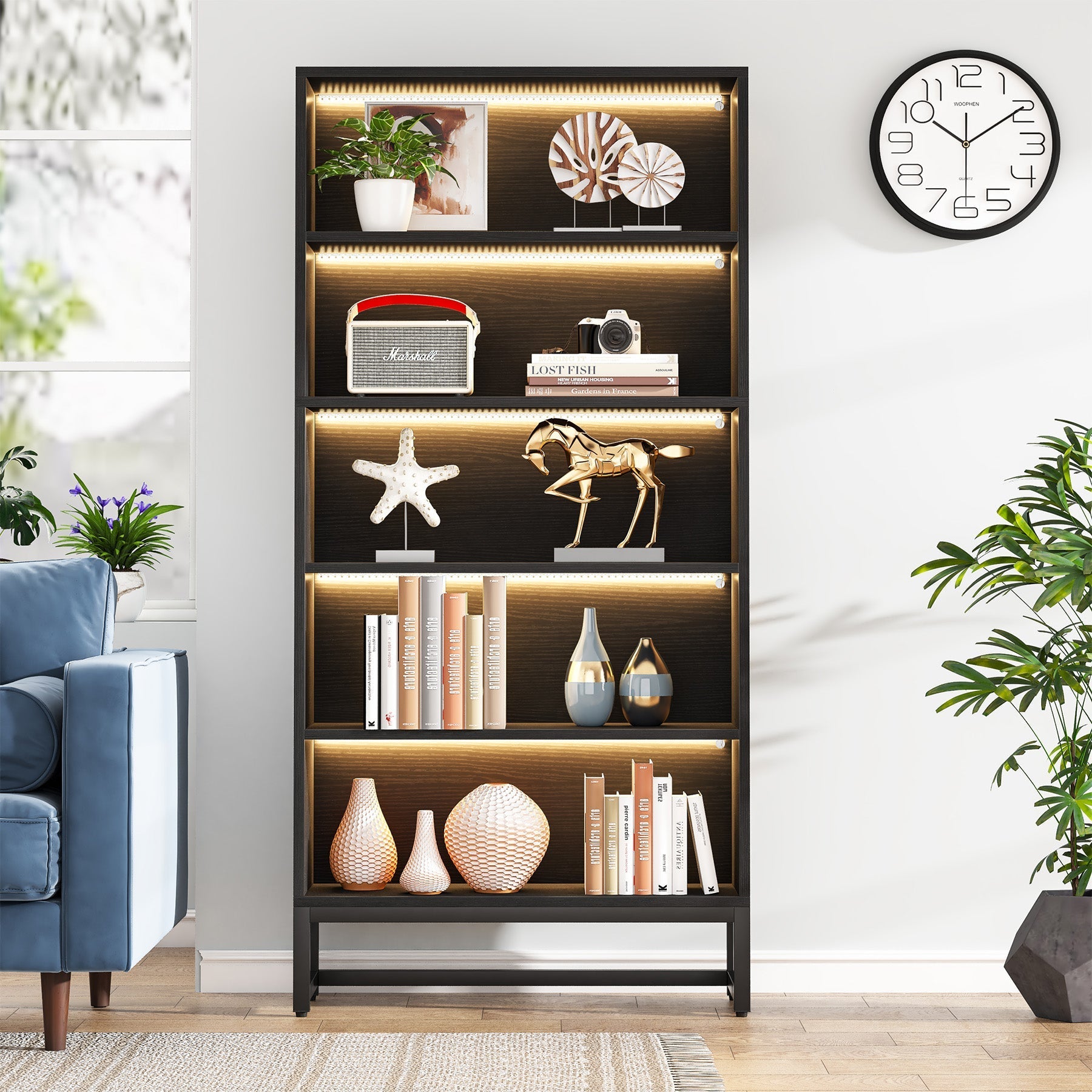 Tribesigns Bibliothèque de 180 cm de haut avec éclairage LED noire à 5 niveaux de rangement