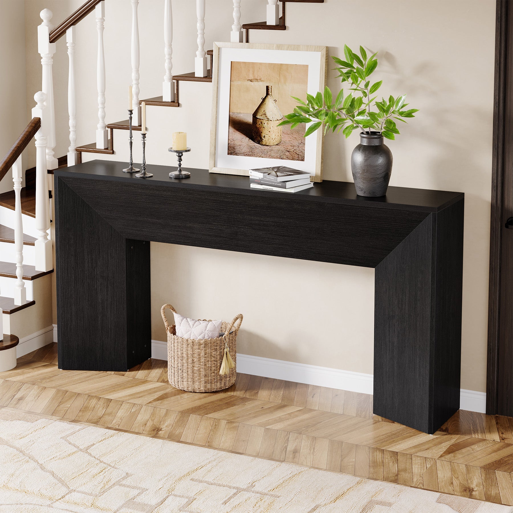 Tribesigns Console 160 cm pour entrée, Table d'appoint en bois noir pour salon et couloir