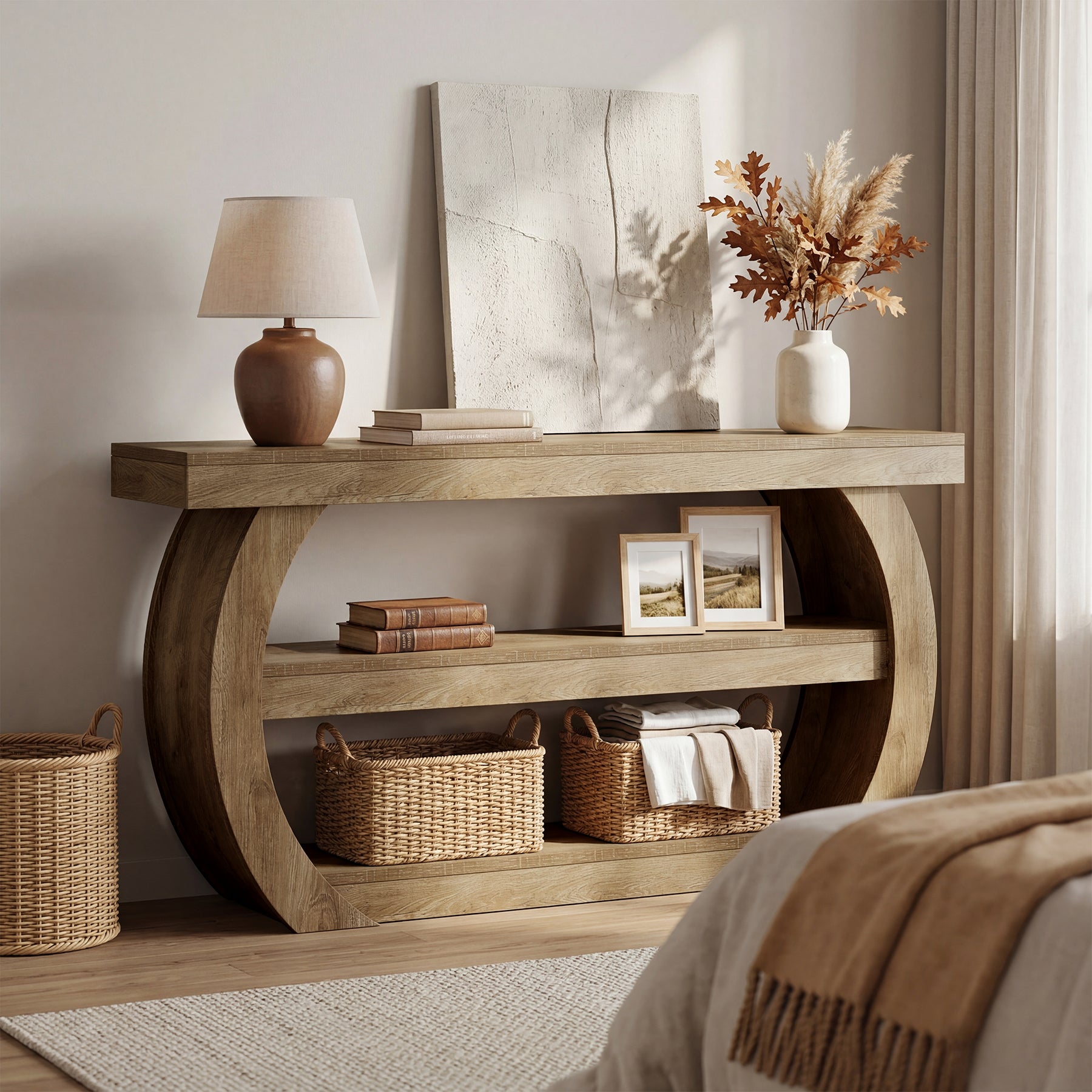 Tribesigns Table console style ferme (160 cm), Table d'entrée en bois à 3 niveaux avec étagère de rangement