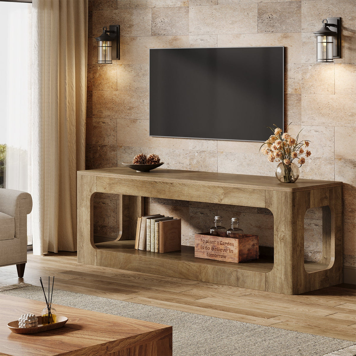 Tribesigns Meuble TV bas 160 cm style maison de campagne pour téléviseurs de 55 à 75 pouces avec 2 niveaux