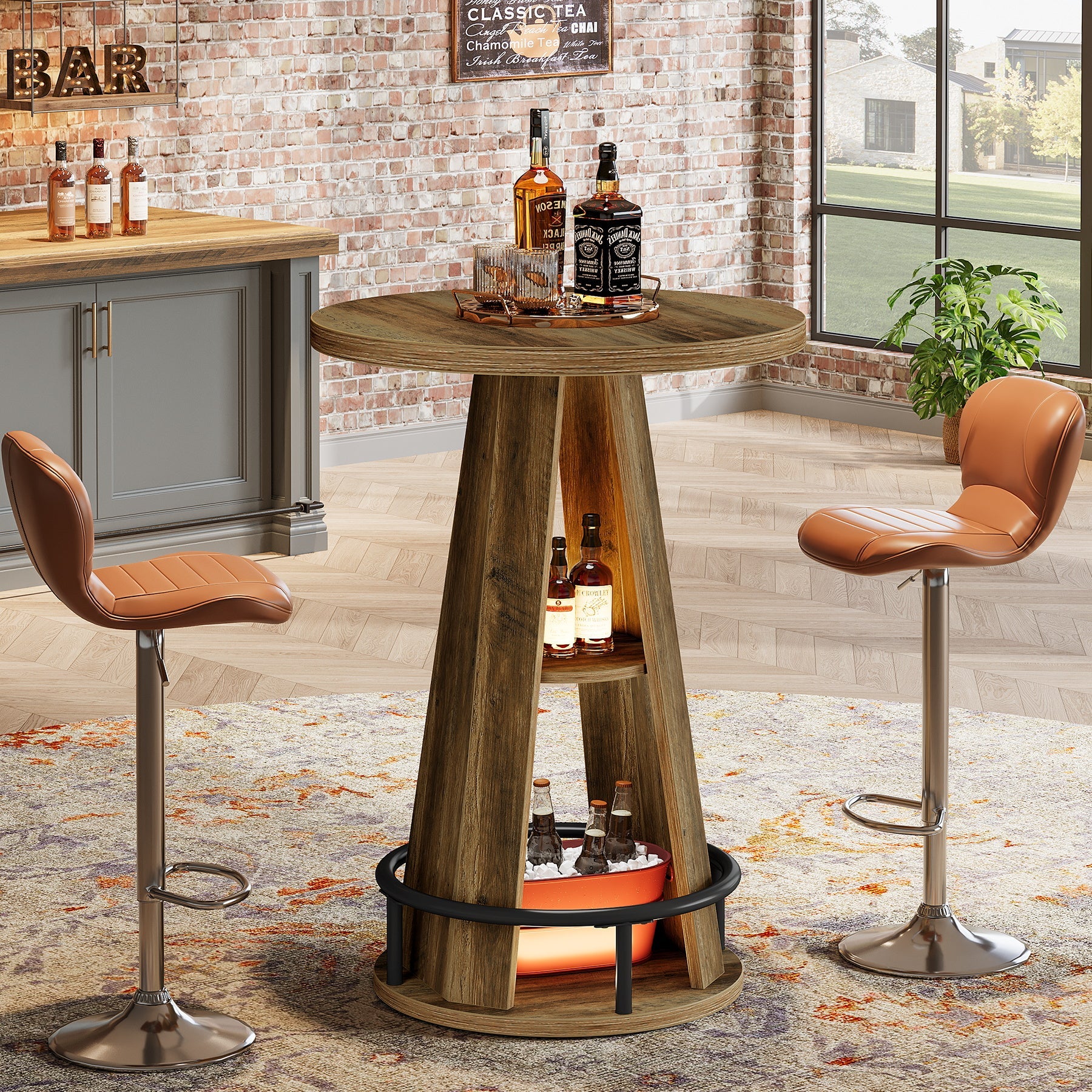 Tribesigns Table de bar ronde de 100 cm avec rangement, Table bistro industrielle pour salon, bar, petits espaces