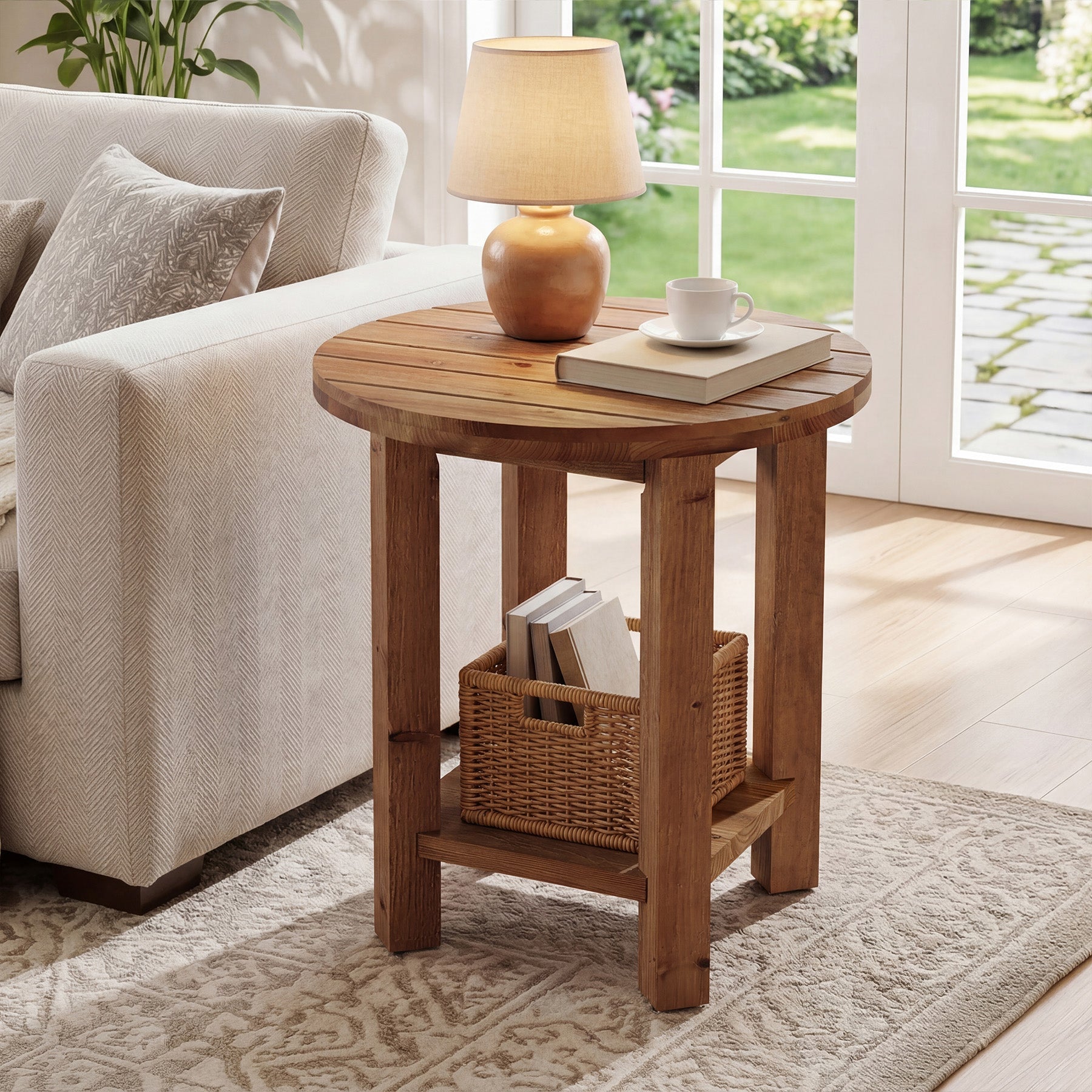 Table de chevet ronde de 50 cm, Table à 2 niveaux pour chambre à coucher