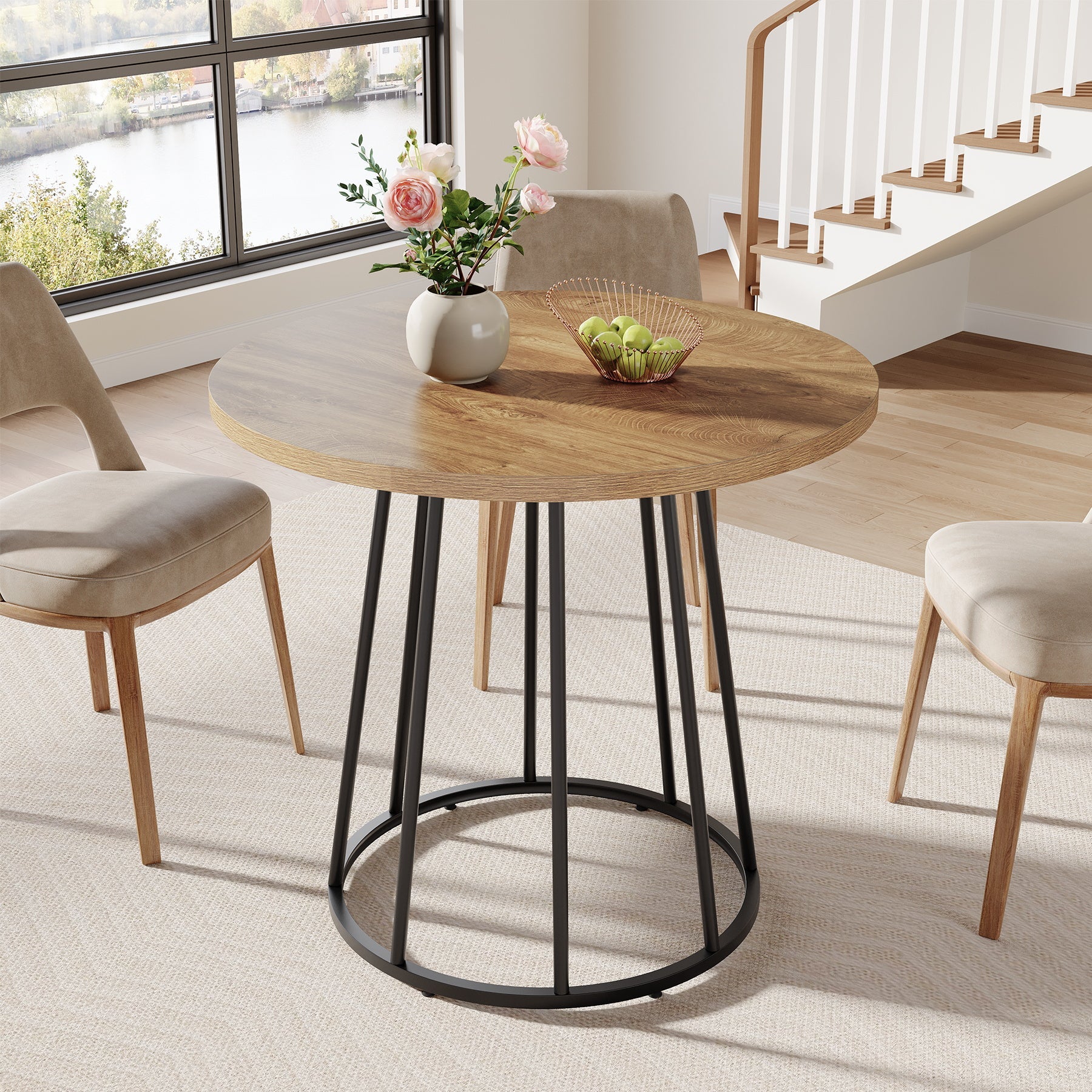 Tribesigns Table ronde de salle à manger de 80 cm, Style industriel pour 2 à 4 personnes avec piètement en acier