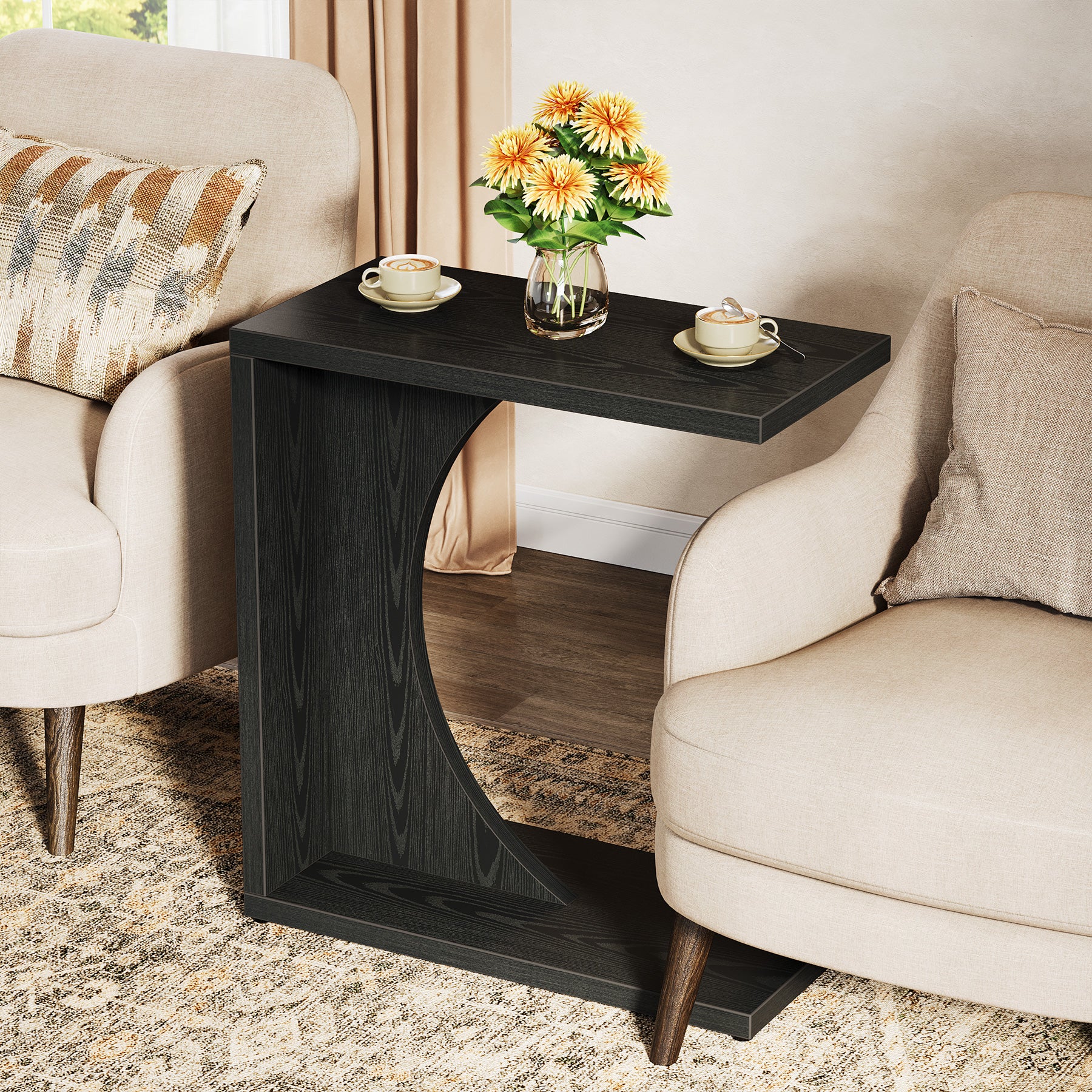 Tribesigns Table d'appoint en forme de C 60×30×65 cm, Style rustique pour canapé