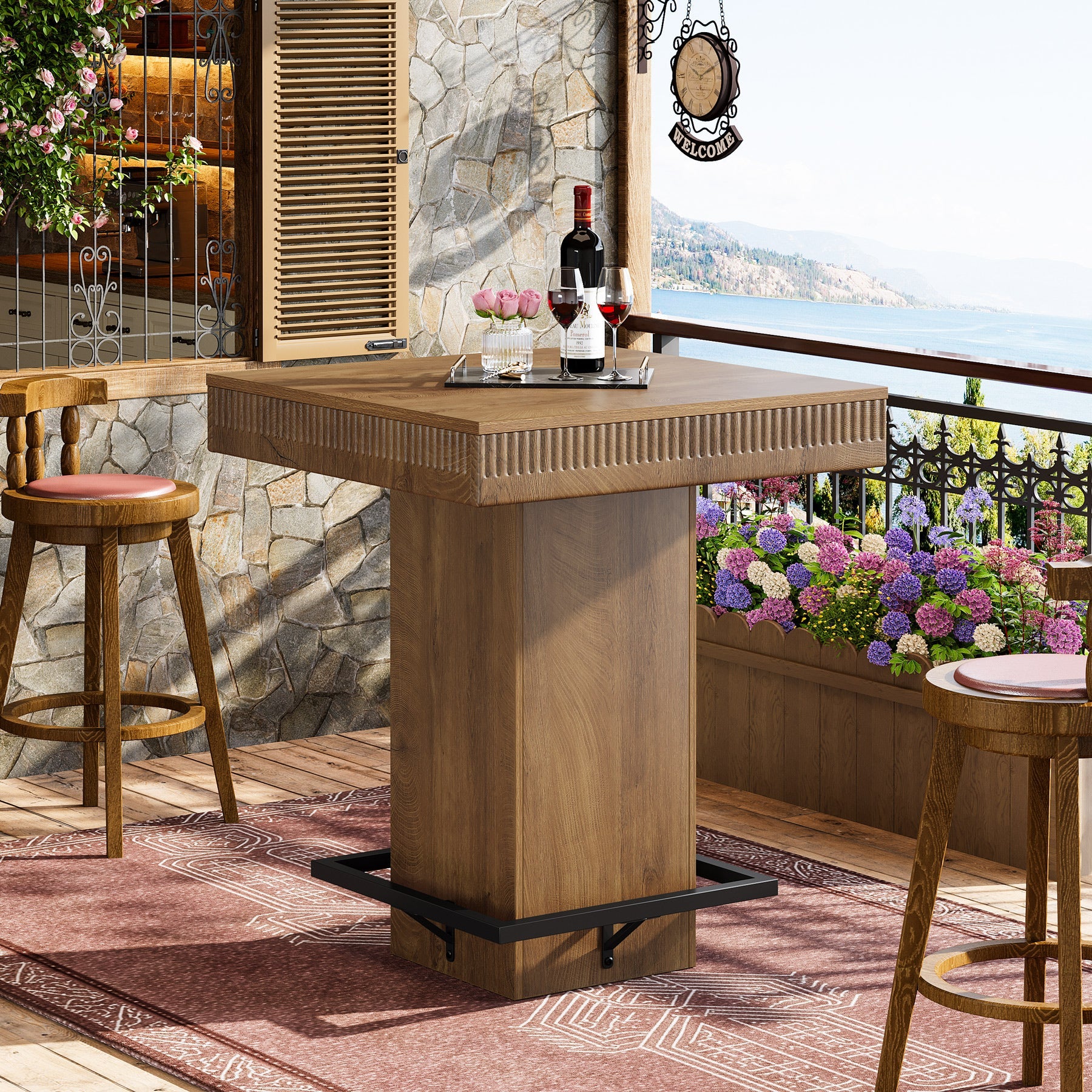 Tribesigns Table de bar carrée de 80 cm avec plateau en bois et piètement en métal, Table haute de style bistro industriel