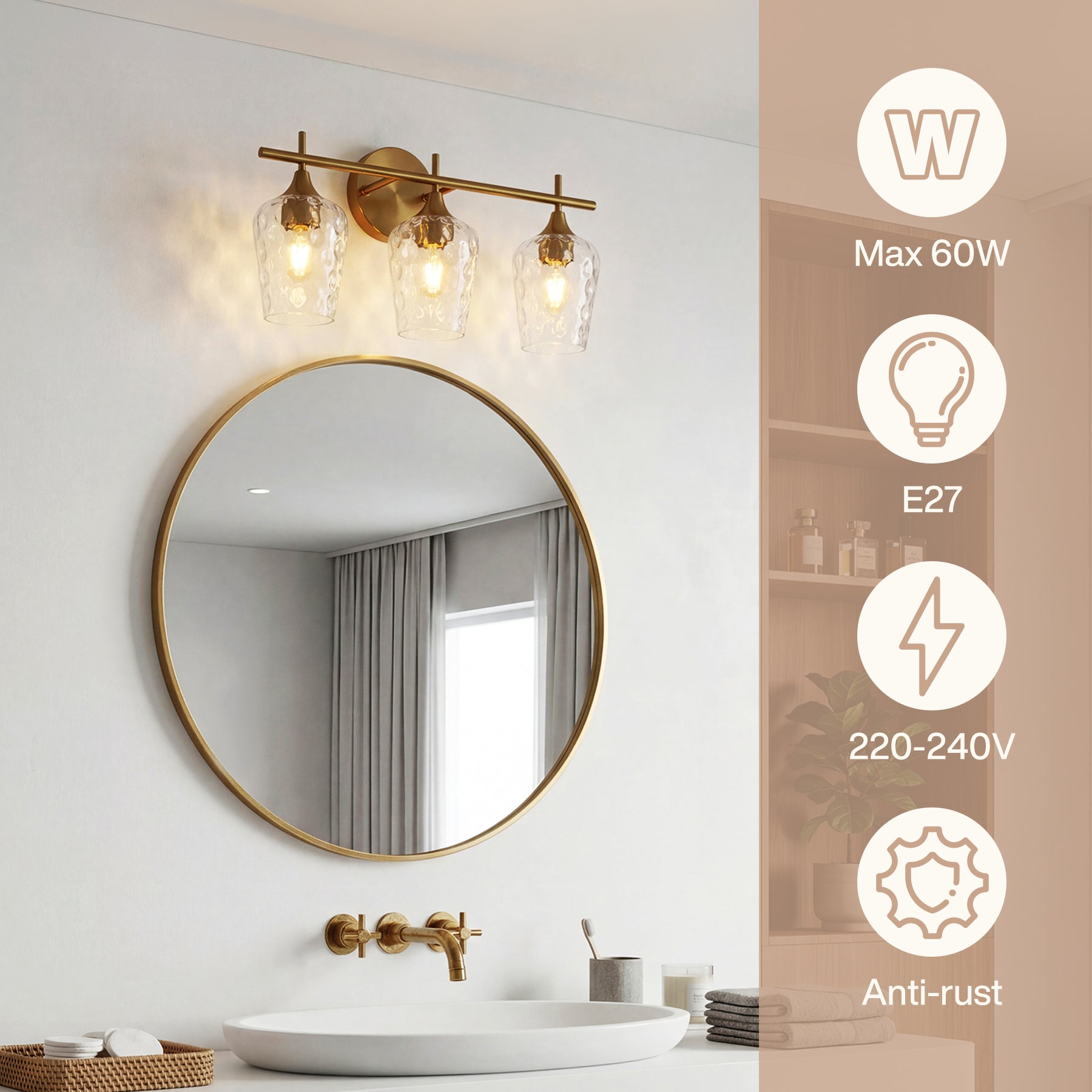 Tribesigns Applique murale LED à 3 lumières pour salle de bain, Dorée avec verre texturé douille E27 éclairage miroir