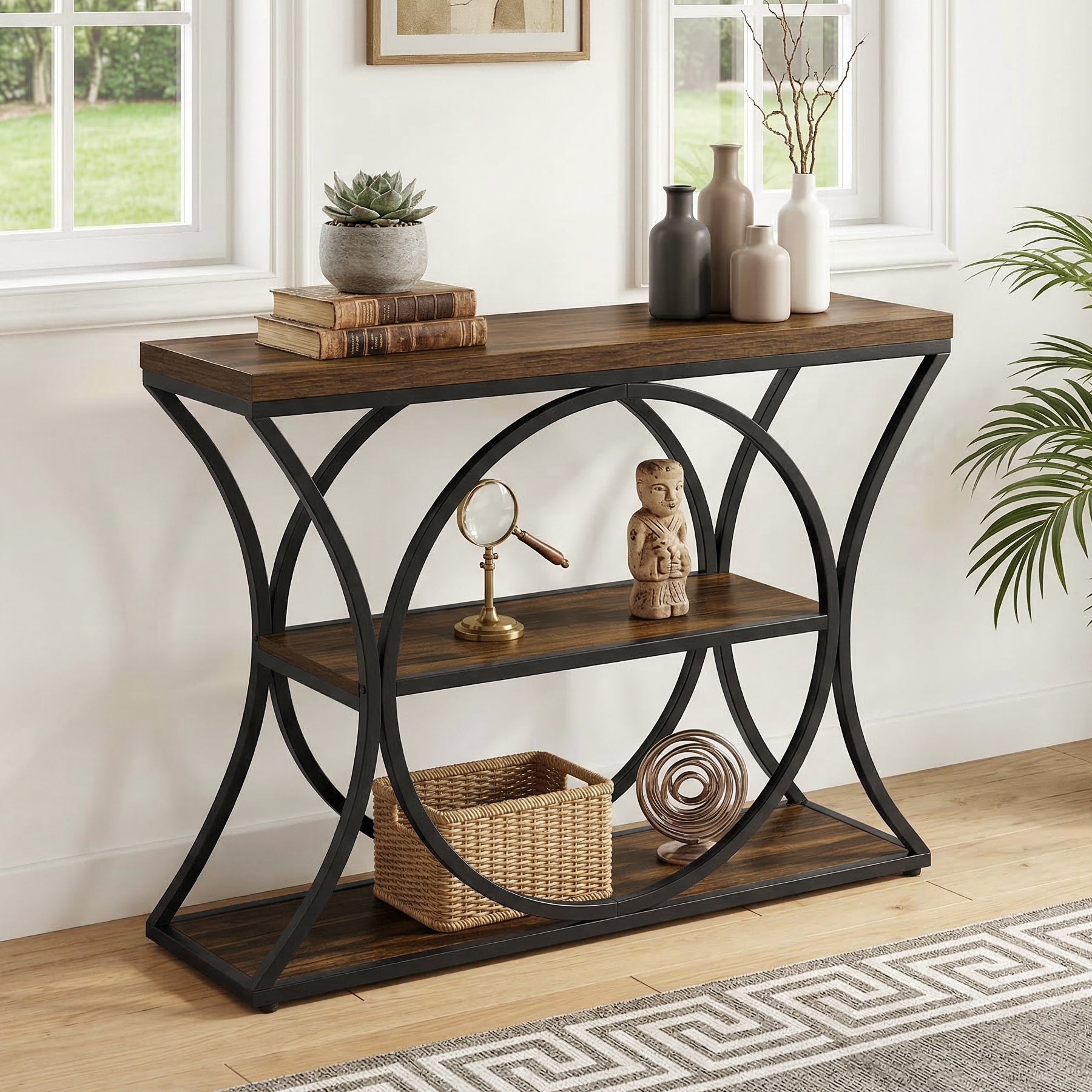 Tribesigns Console industrielle de 105 cm, Table d'appoint à 3 niveaux avec structure arquée